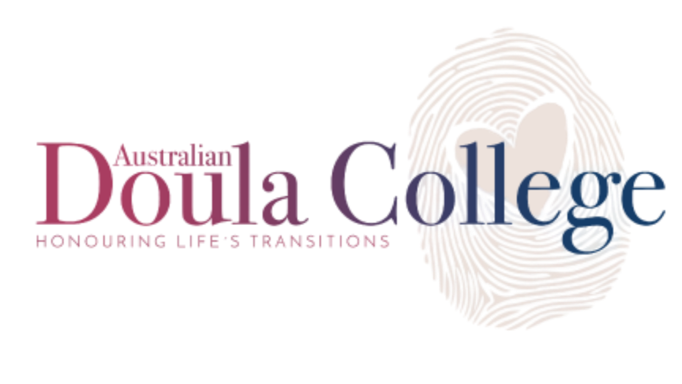Logo for the Australia Doula College, featuring stylized text with a spiral design in shades of blue and white, and tagline about honoring life's transitions.