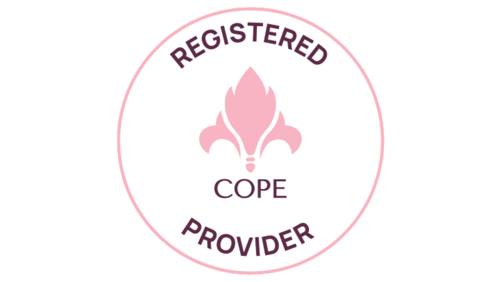 Pink and white circular badge with the words 'Registered COPE Provider' and a stylized pink fleur-de-lis symbol in the center.