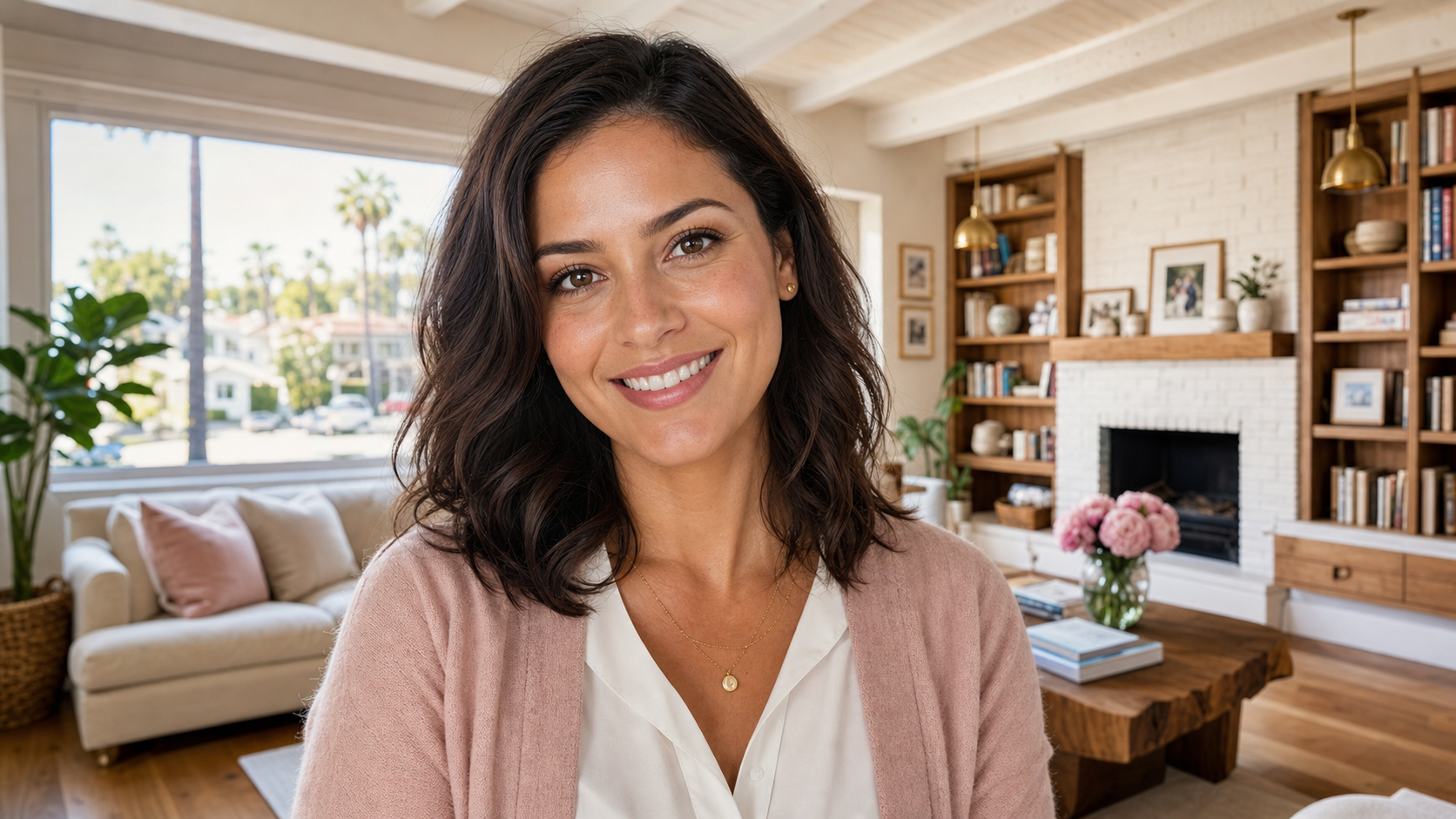 Close-up portrait of Andrea M., a warm and welcoming public school teacher in her mid-30s, smiling brightly with a softly blurred Culver City LA bungalow background featuring warm oak floors and a bright living room.