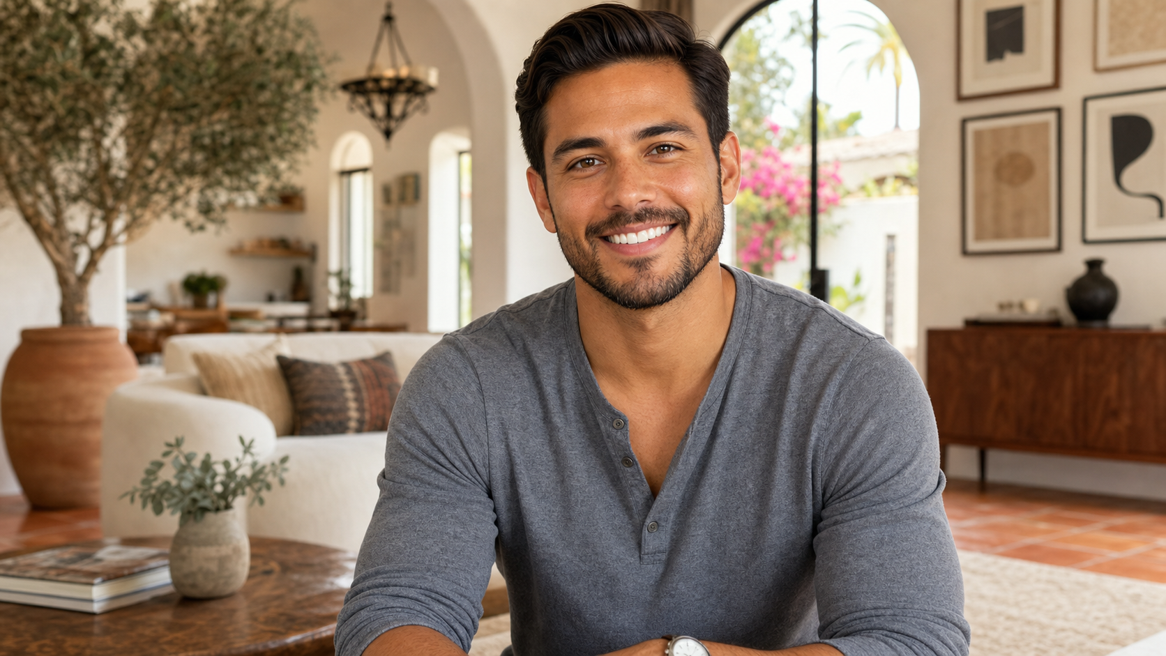 Close-up portrait of Miguel D., a warm and confident physical therapist in his early 30s, smiling brightly with a softly blurred Los Feliz Spanish-modern home background featuring warm archways and terracotta accents.