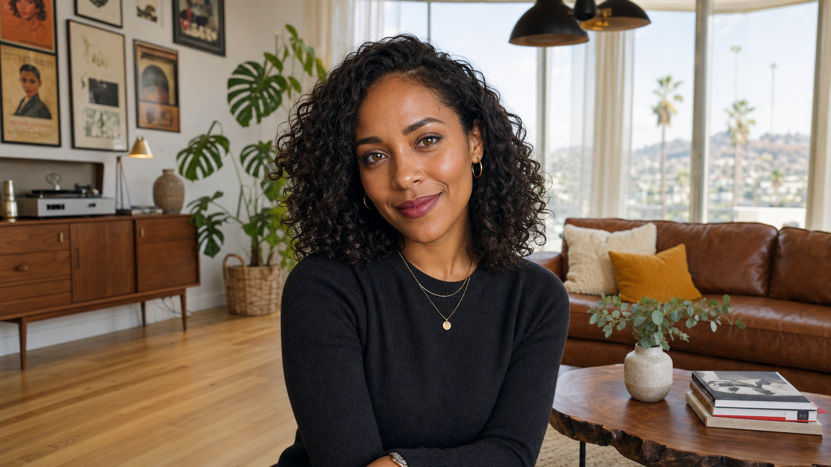 Close-up portrait of Jasmine P., a stylish and creative film editor in her early 30s, smiling warmly with a softly blurred Hollywood LA apartment background featuring warm cinematic lighting and curated art details.