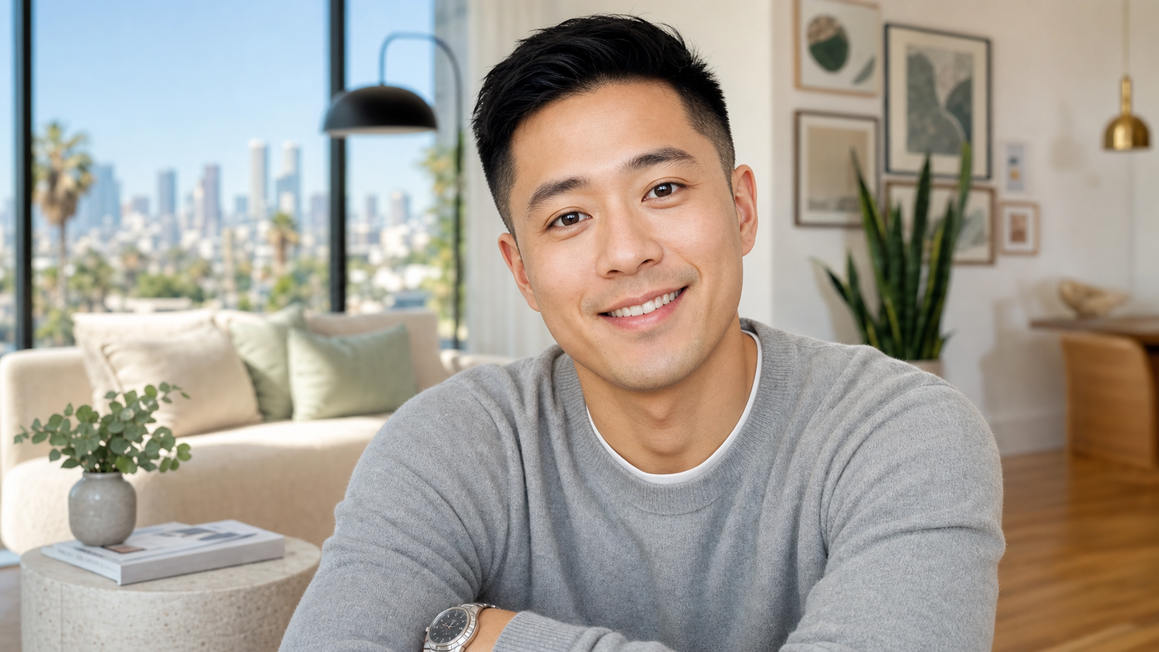 Close-up portrait of Kevin R., a warm and composed registered nurse in his early 30s, smiling gently with a softly blurred Koreatown LA apartment background featuring modern neutral interiors and city views.