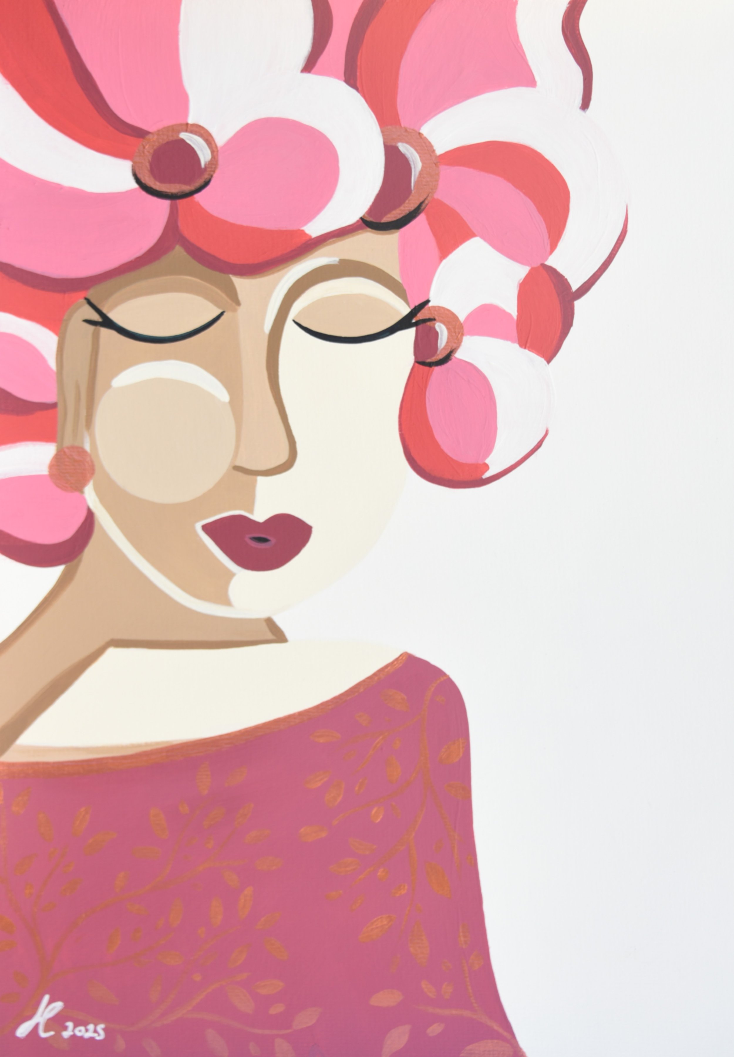 A stylized illustration of a woman with eyes closed, pink hair styled in large curls, and wearing pink earrings and a pink garment with orange leaf patterns.