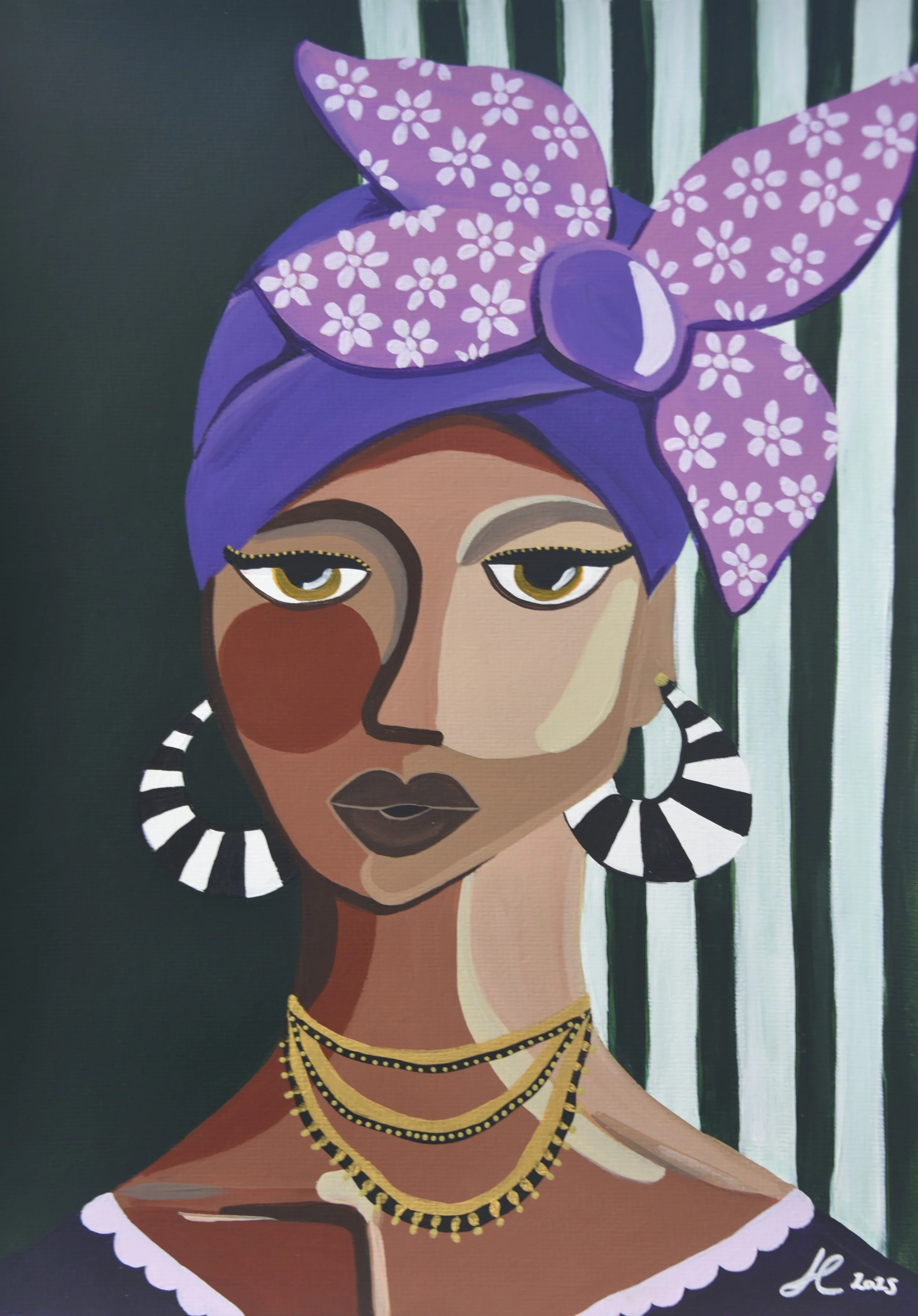 Painting of a woman with dark skin, gold eyes, wearing a purple headscarf with white floral pattern, gold jewelry, and striped earrings, with a dark background and a few vertical stripes.