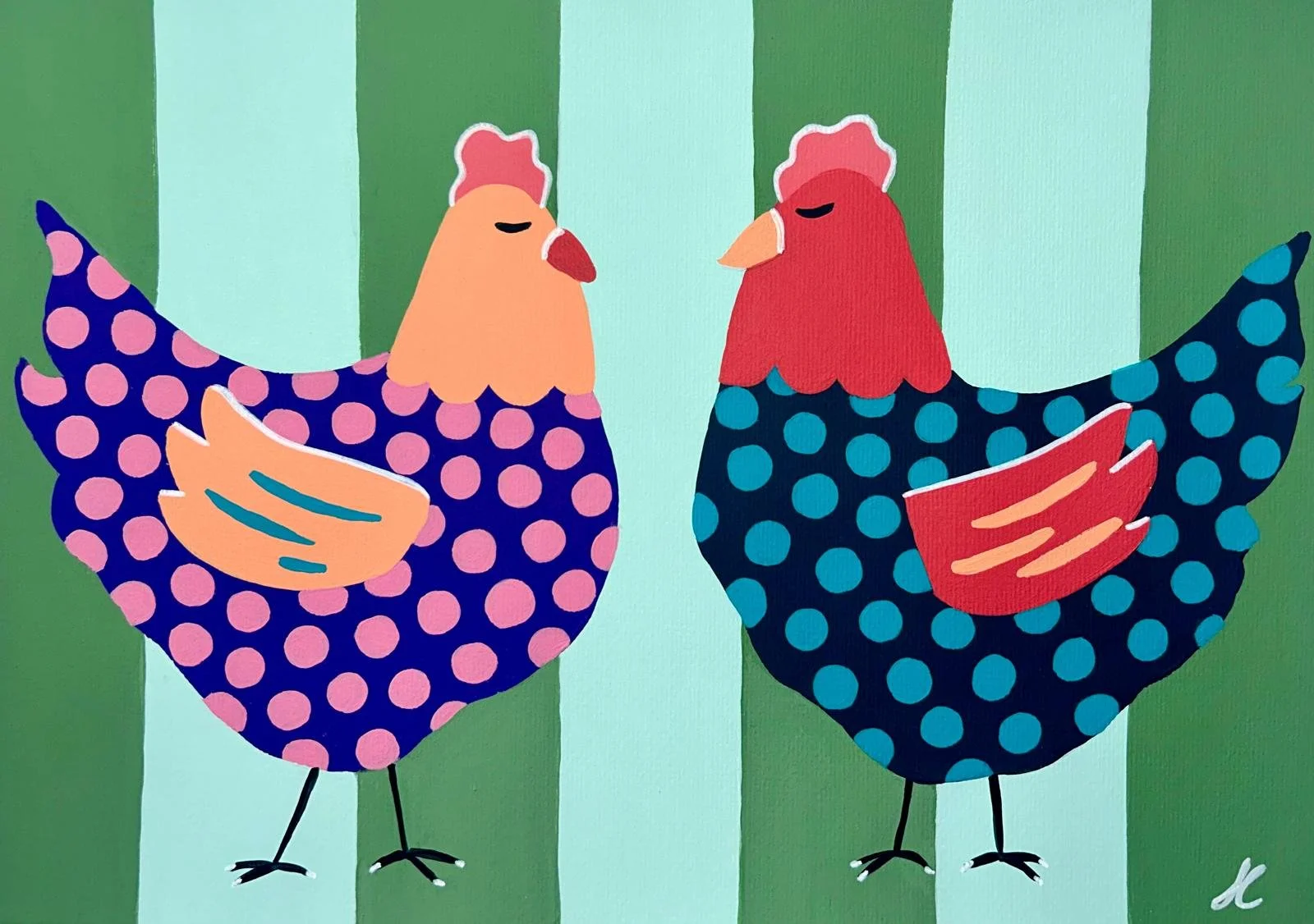 Two stylized chickens facing each other against a background of vertical green and blue stripes, with pink and blue polka-dotted bodies, red and peach combs, and short black legs.