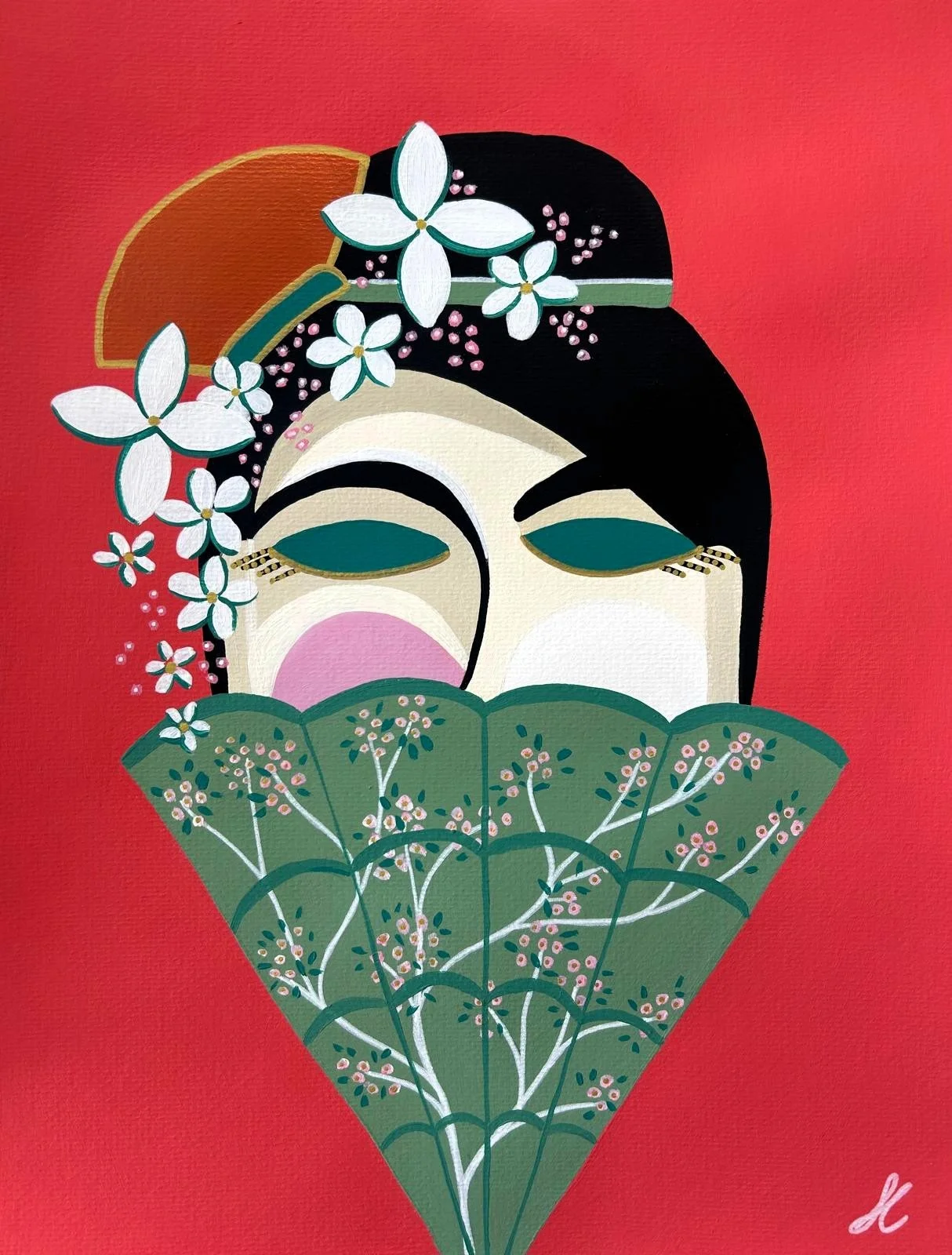 An illustration of a traditional Japanese woman with flowers in her hair, holding a green fan decorated with small floral designs, against a red background.
