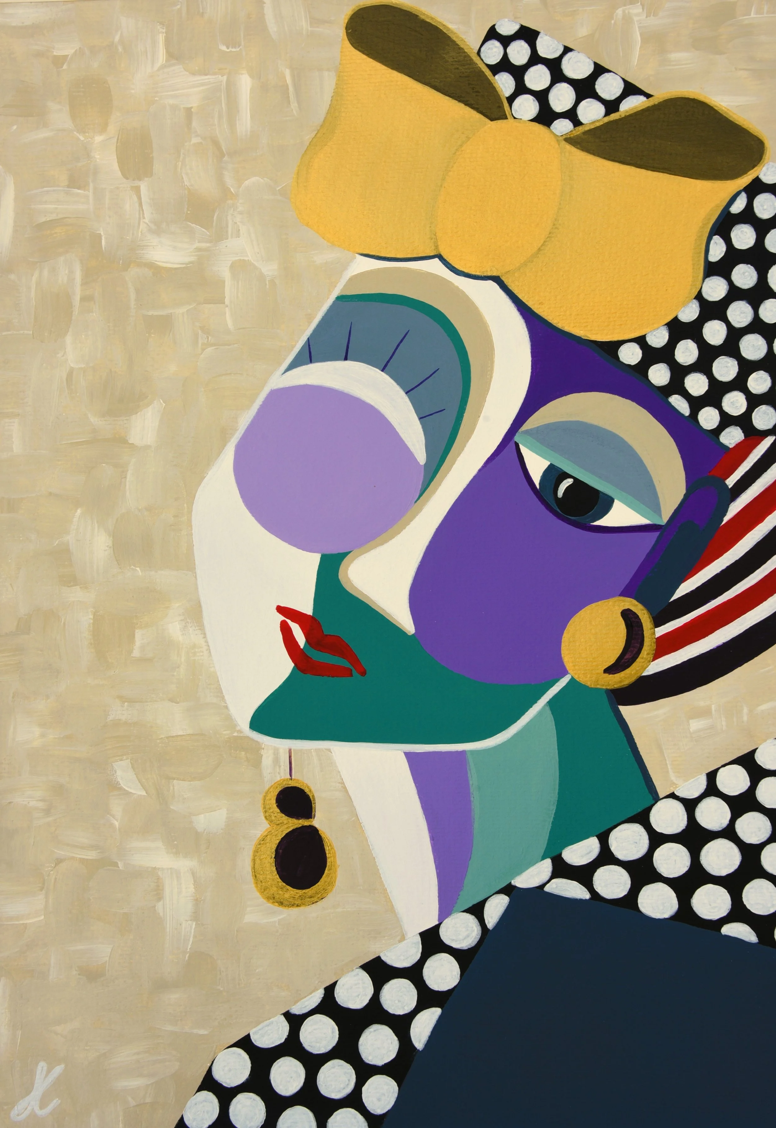 Abstract portrait of a woman with stylized facial features, yellow hair, and black-and-white polka dot accessories, with a beige background.