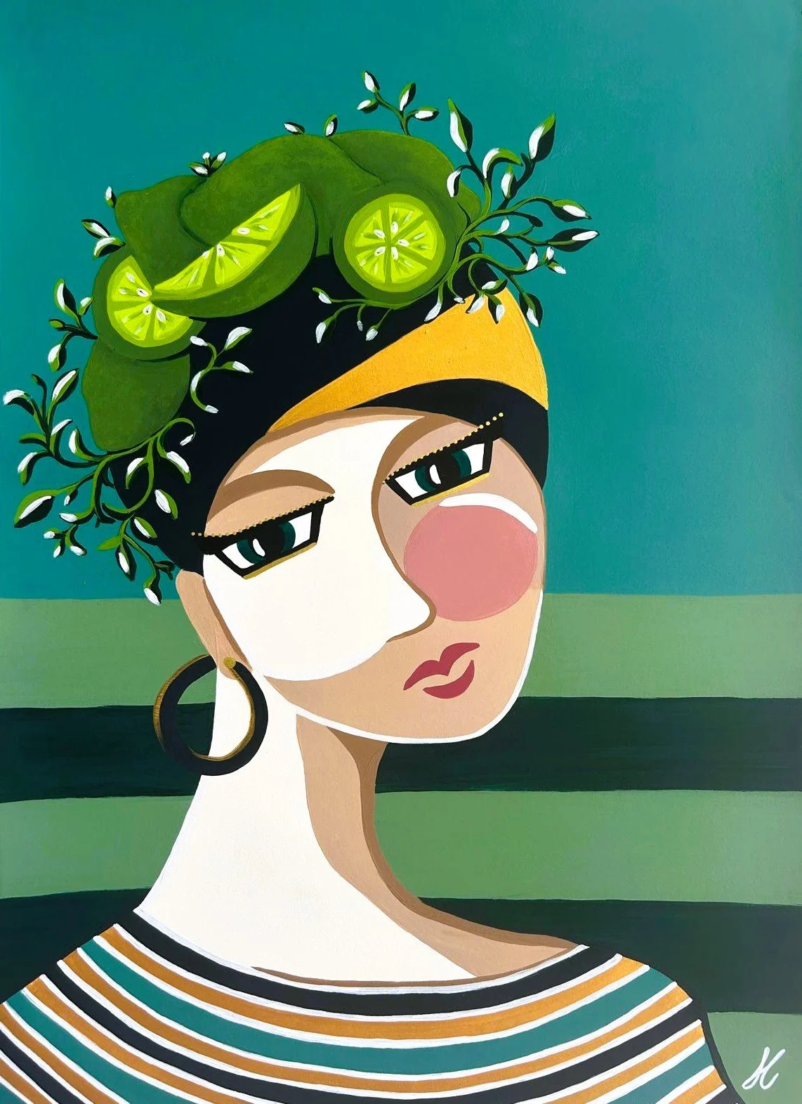Stylized portrait of a woman with short hair and gold hoop earrings, wearing a striped shirt, with a large pink blush on her cheek, and a green leafy headdress with limes on top, against a green and blue background.