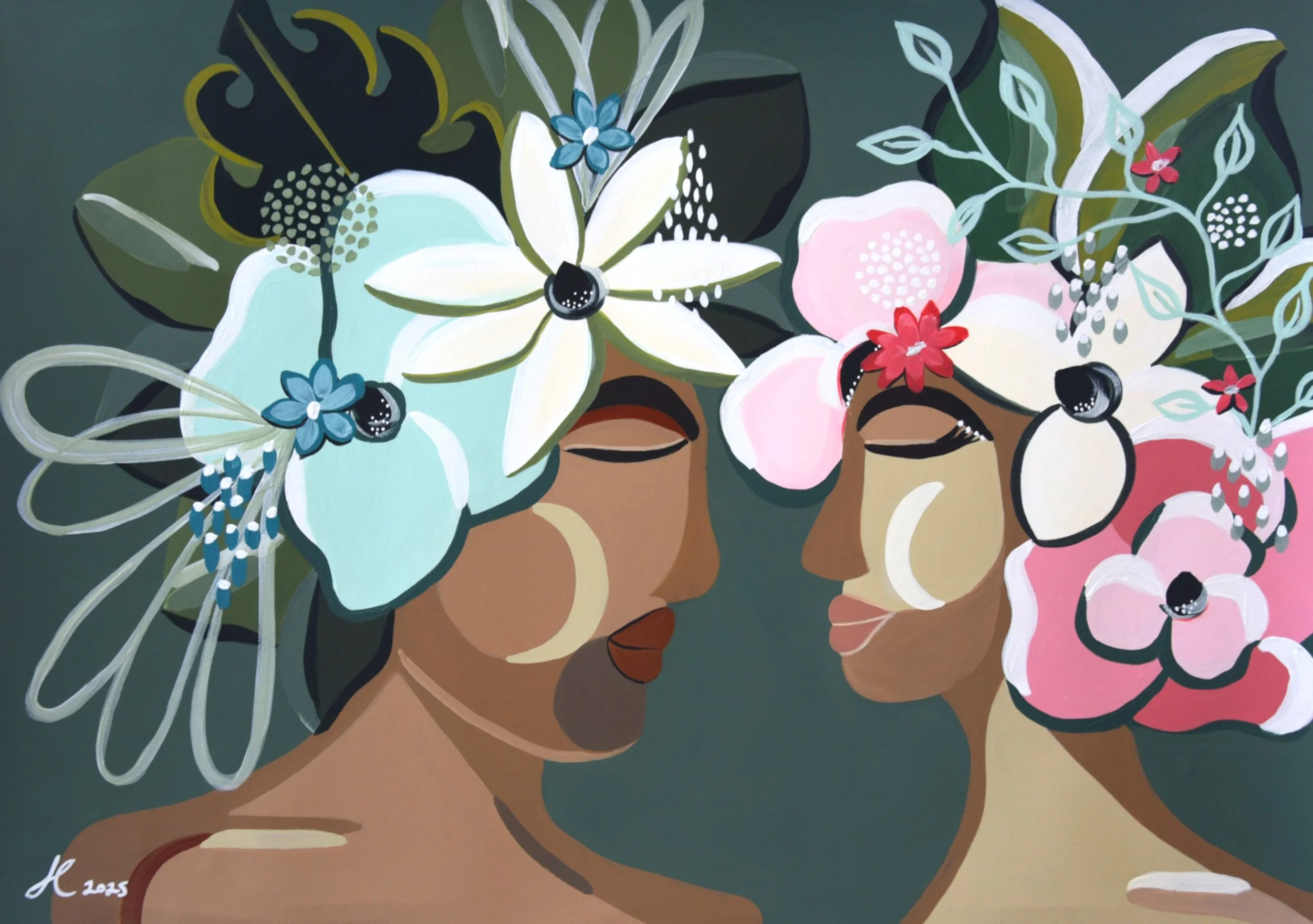 A painting of a man and woman with dark skin and closed eyes, with a floral crown on her head composed of white lilies, pink flowers, and blue flowers, surrounded by green and black foliage.