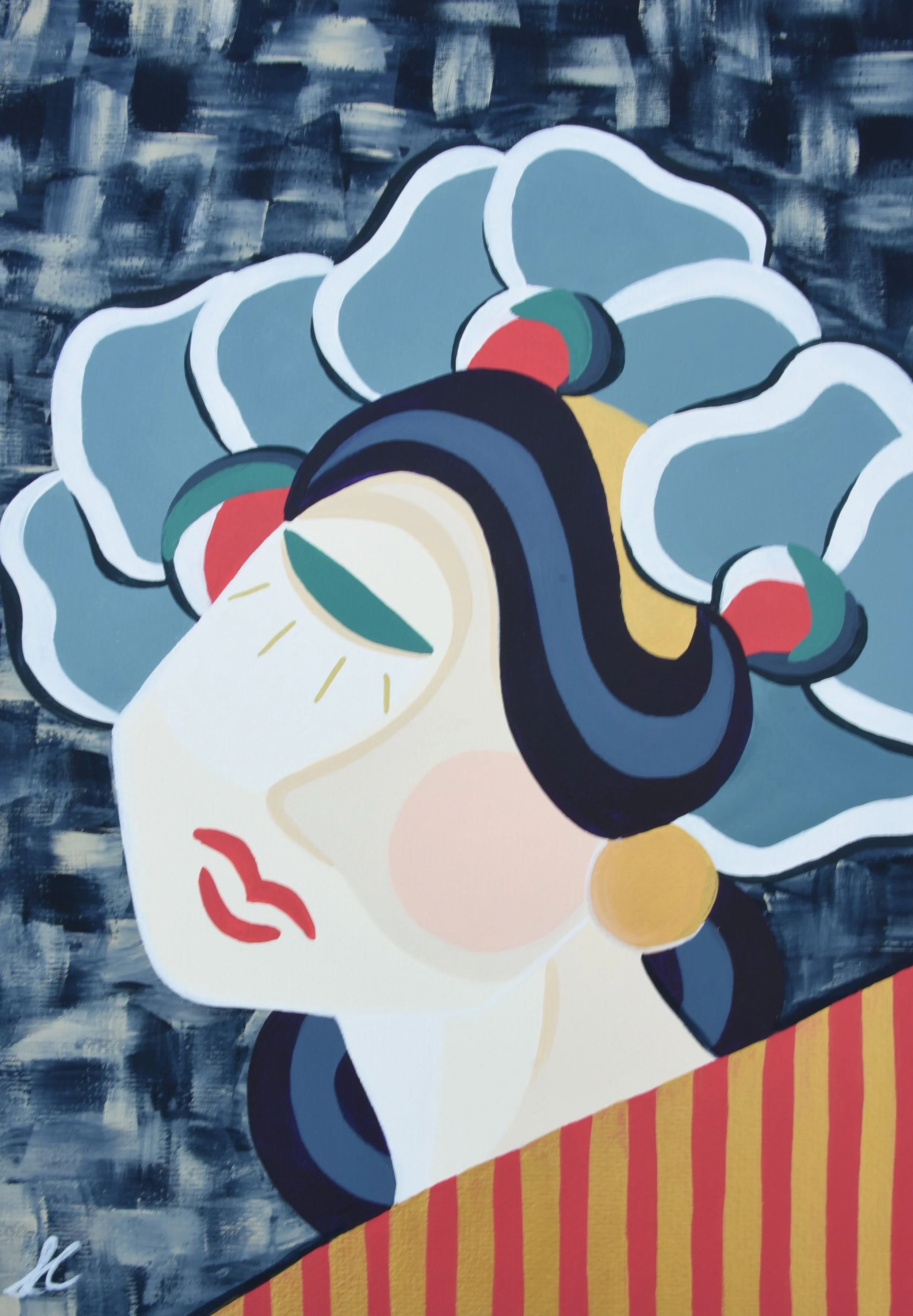 A painting of a woman with red lips and closed eyes, with abstract facial features, set against a background of cloudy blue shades.