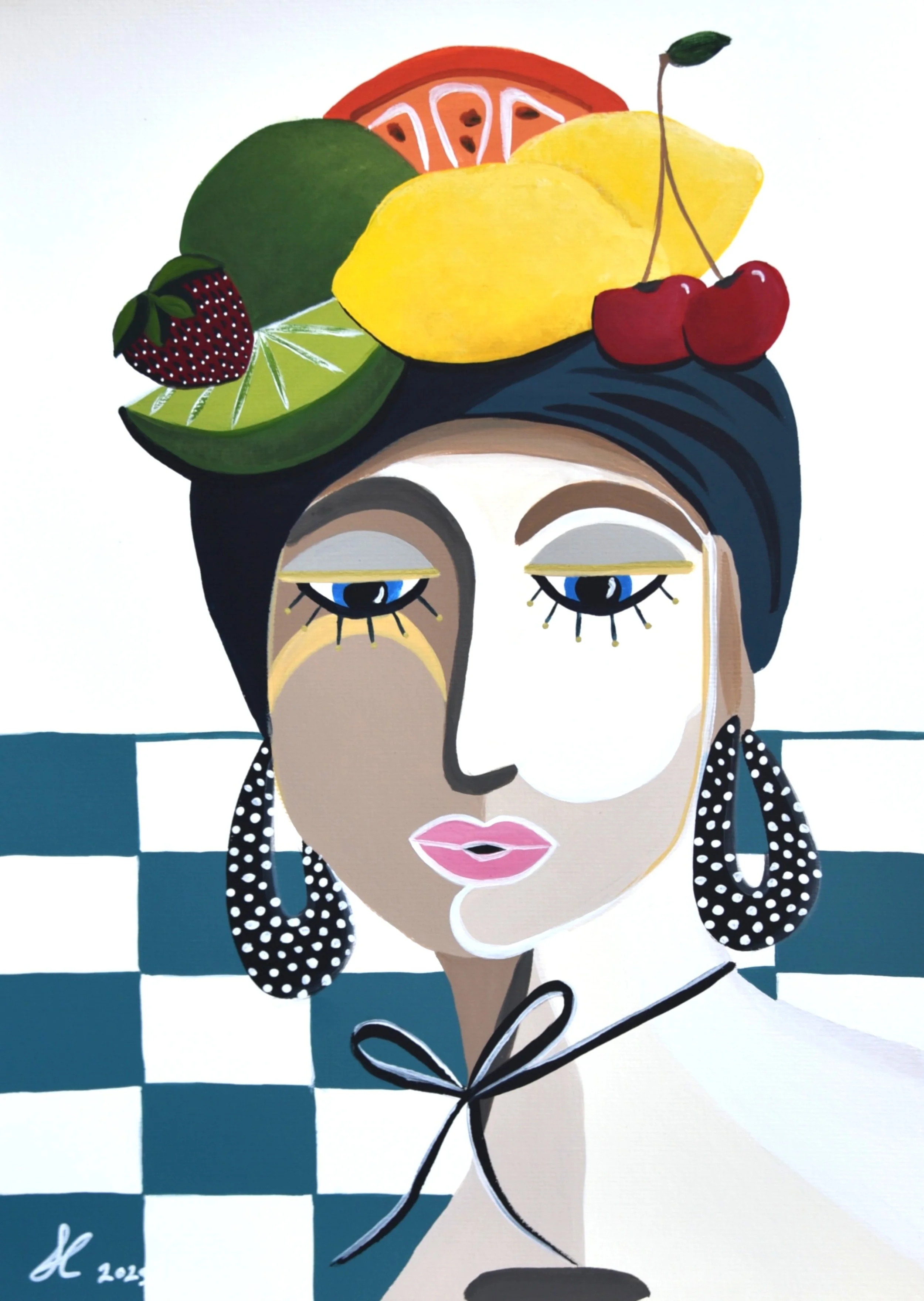 A stylized portrait of a woman with a fruit headdress including a lemon, cherries, watermelon slice, lime, and strawberry, against a blue and white checkered background.