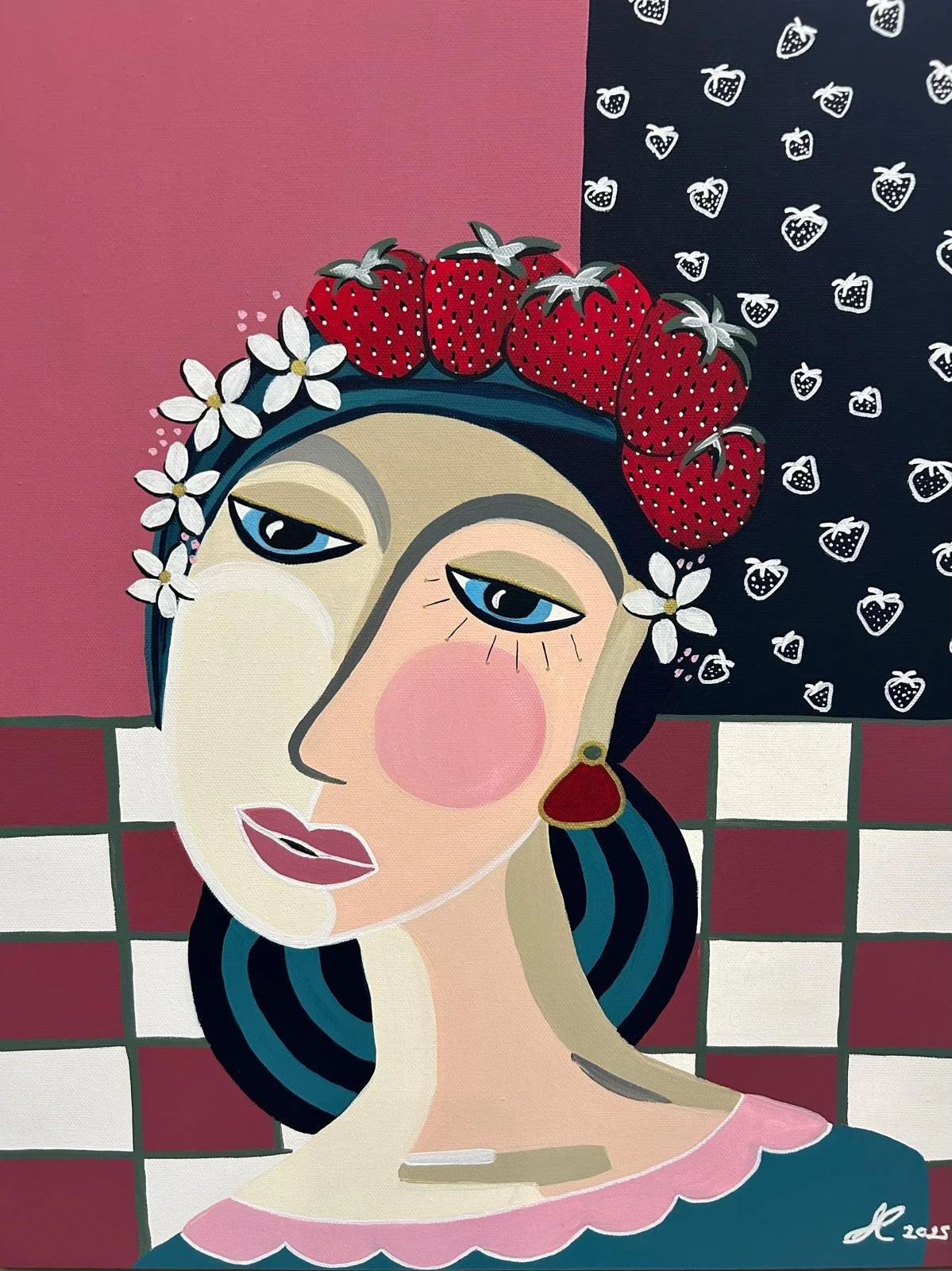 A stylized portrait of a woman with one eye winking. She has blonde skin, dark hair with blue streaks, and wears a large red earring. Surrounding her head is a crown of strawberries and white flowers. The background consists of pink, black, and white checkered patterns with small strawberry motifs.