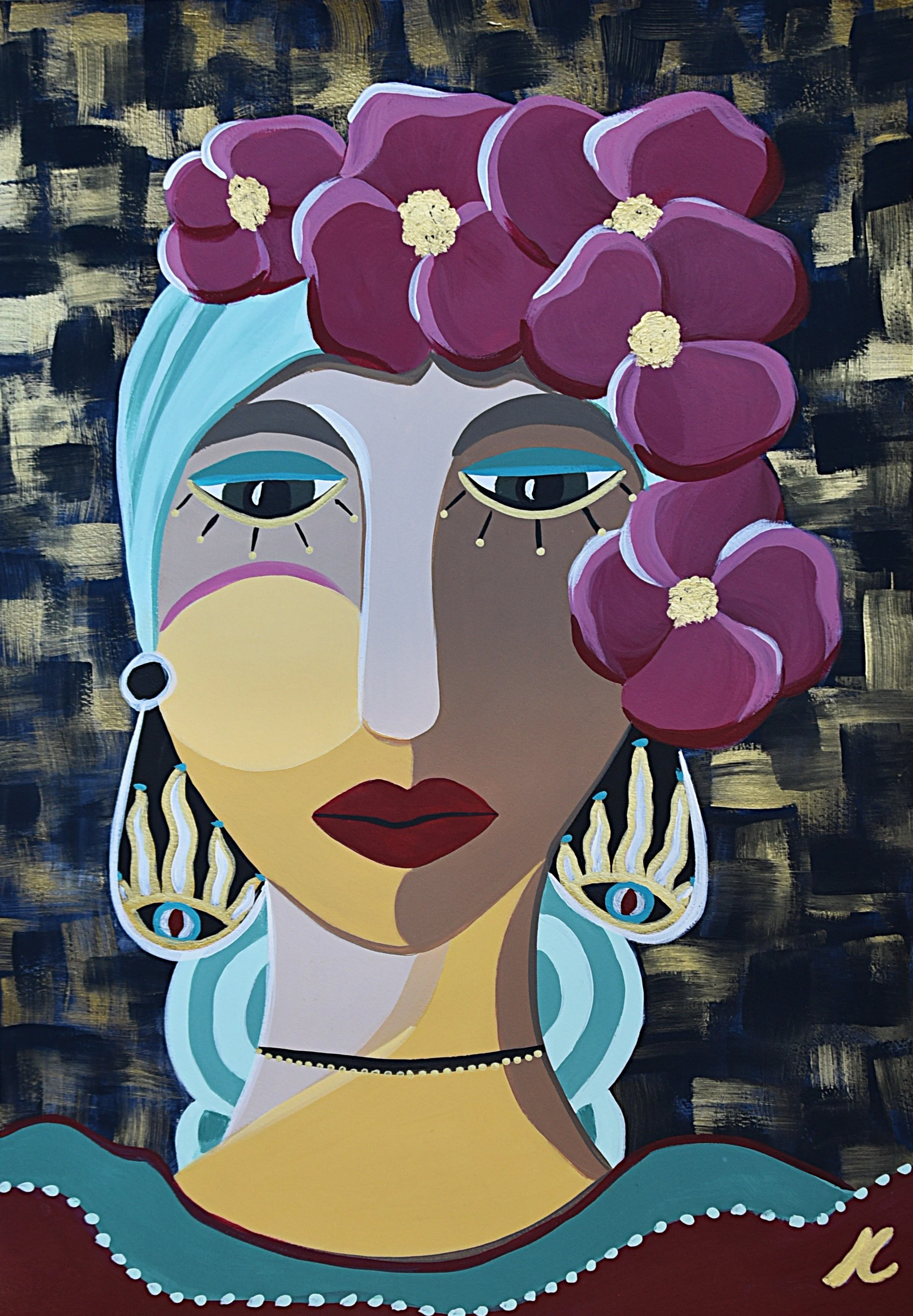 An abstract painting of a woman with an aqua headscarf, adorned with purple flowers, wearing earrings with eye motifs, and red lipstick. The background is dark with gold and black brushstrokes.
