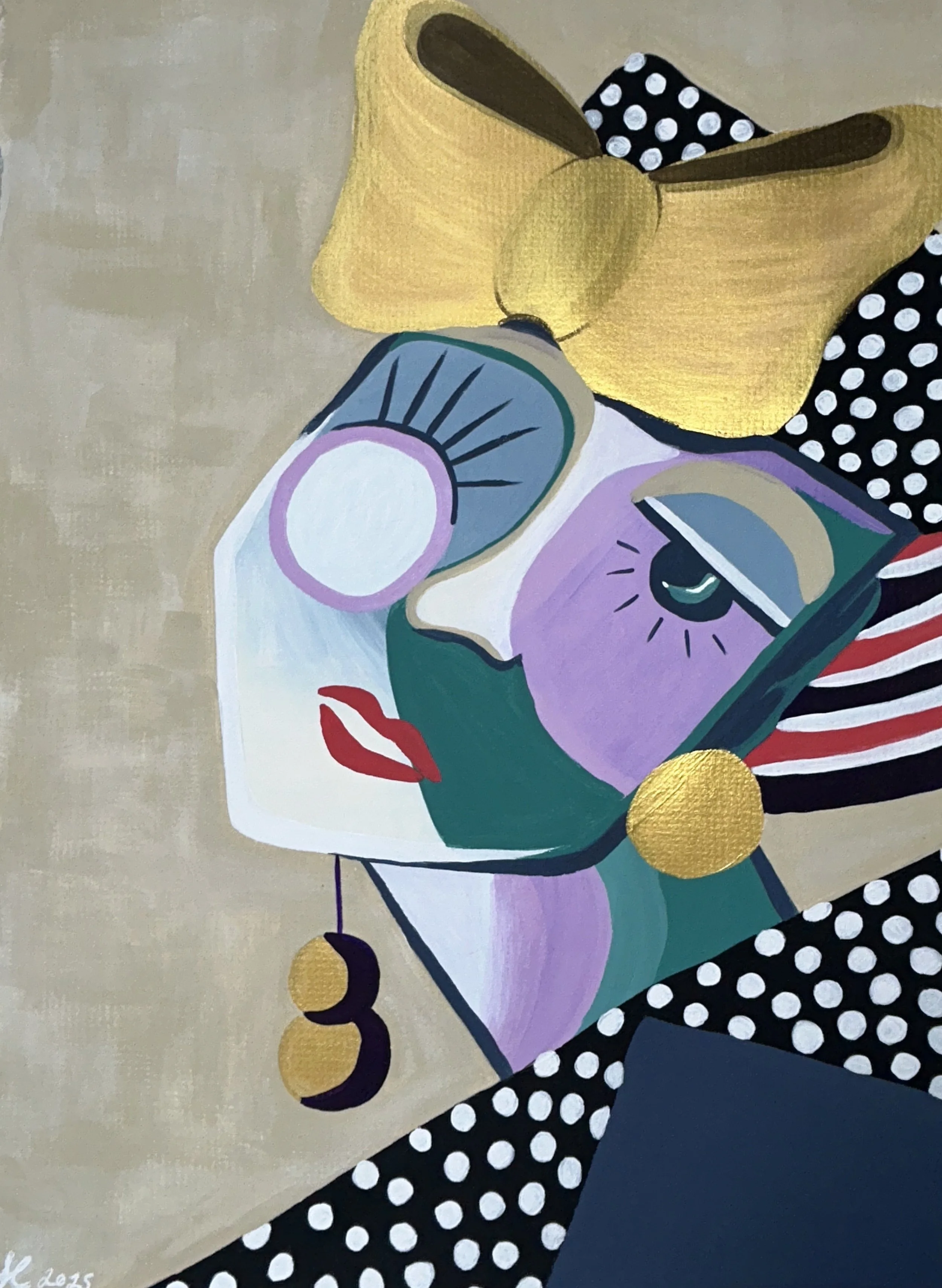An abstract painting featuring bold colors and geometric shapes. It includes a yellow organic form, black and white polka dot patterns, a mauve shape, and various circular and curved elements set against a neutral background.
