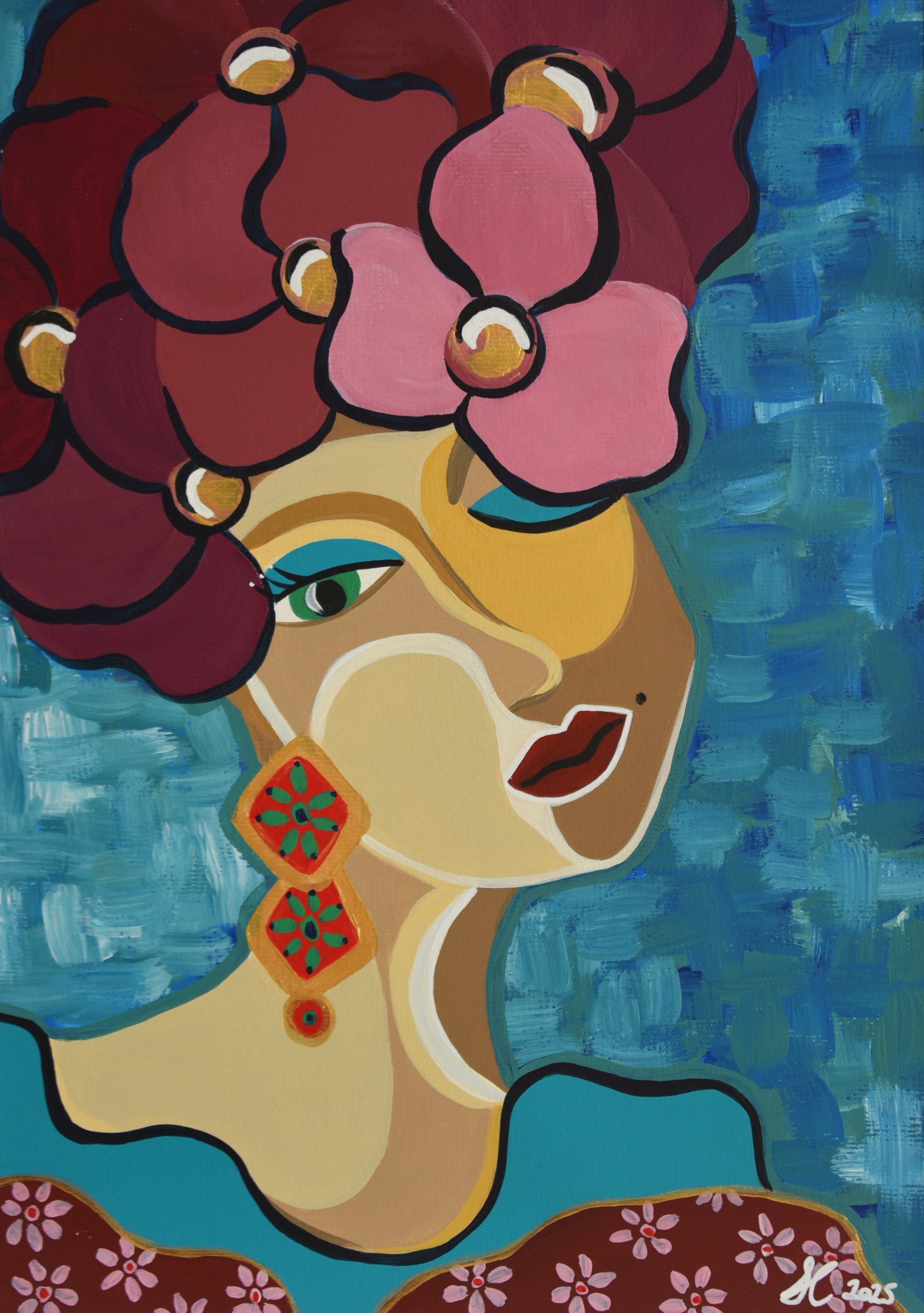 Abstract portrait of a woman with flowers and jewelry, featuring bold colors and black outlines.