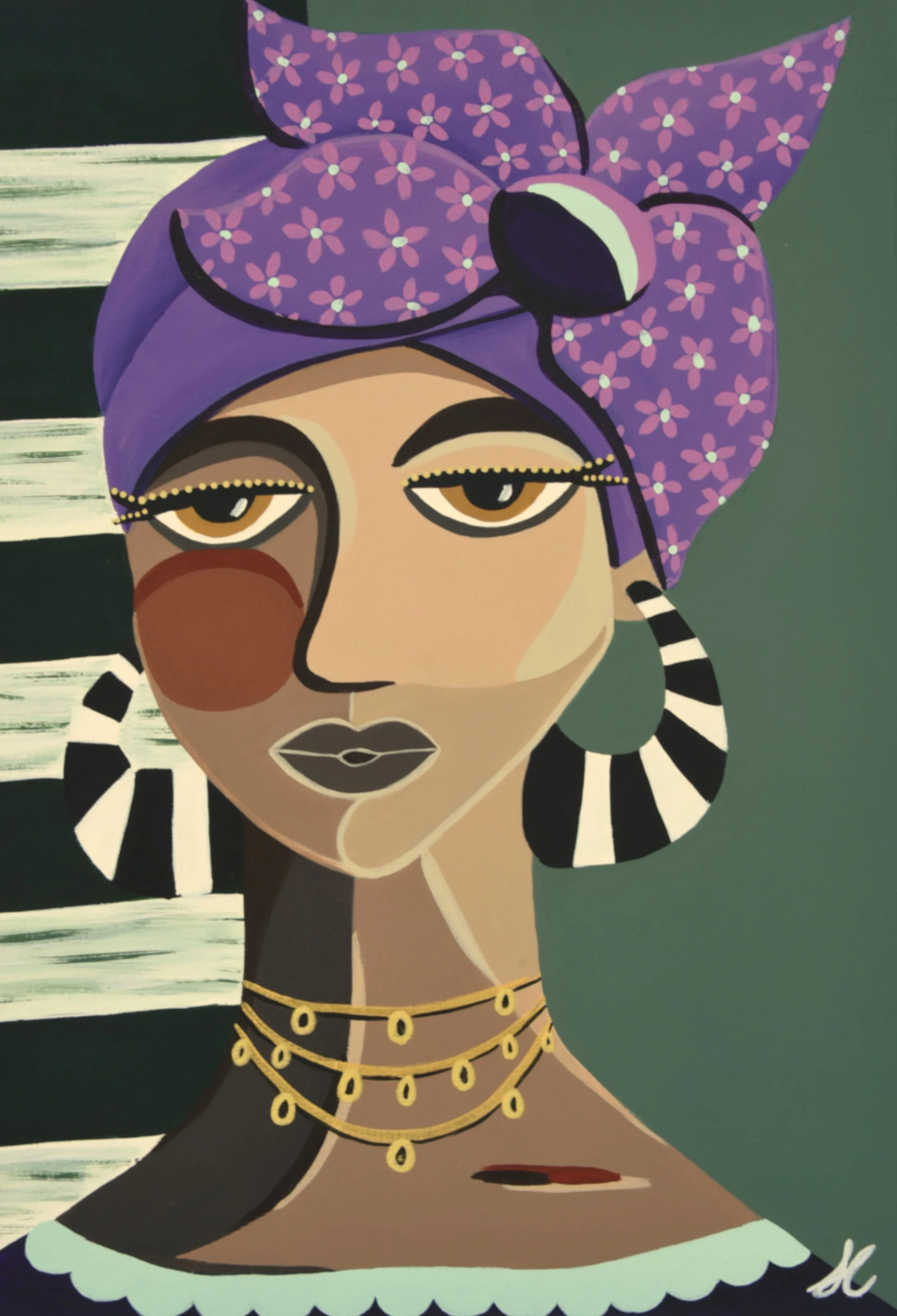 A stylized portrait of a woman with tan skin, wearing a purple headscarf with pink flowers, black and white striped earrings, black lipstick, gold jewelry, and a black and white striped top, with a dark green background.