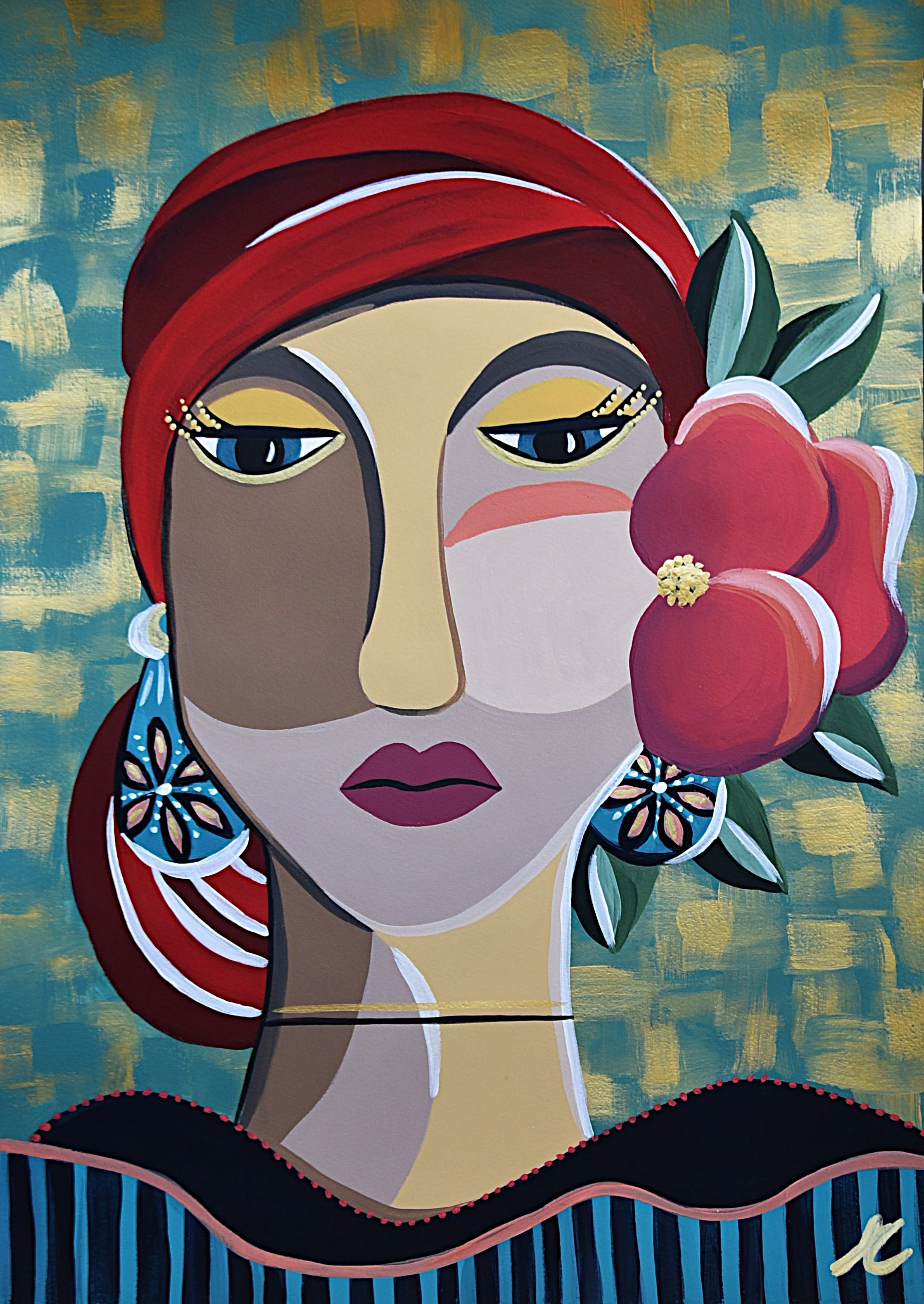 A colorful painting of a woman with a red headscarf, wearing a large flower behind her ear, set against a teal and gold textured background.