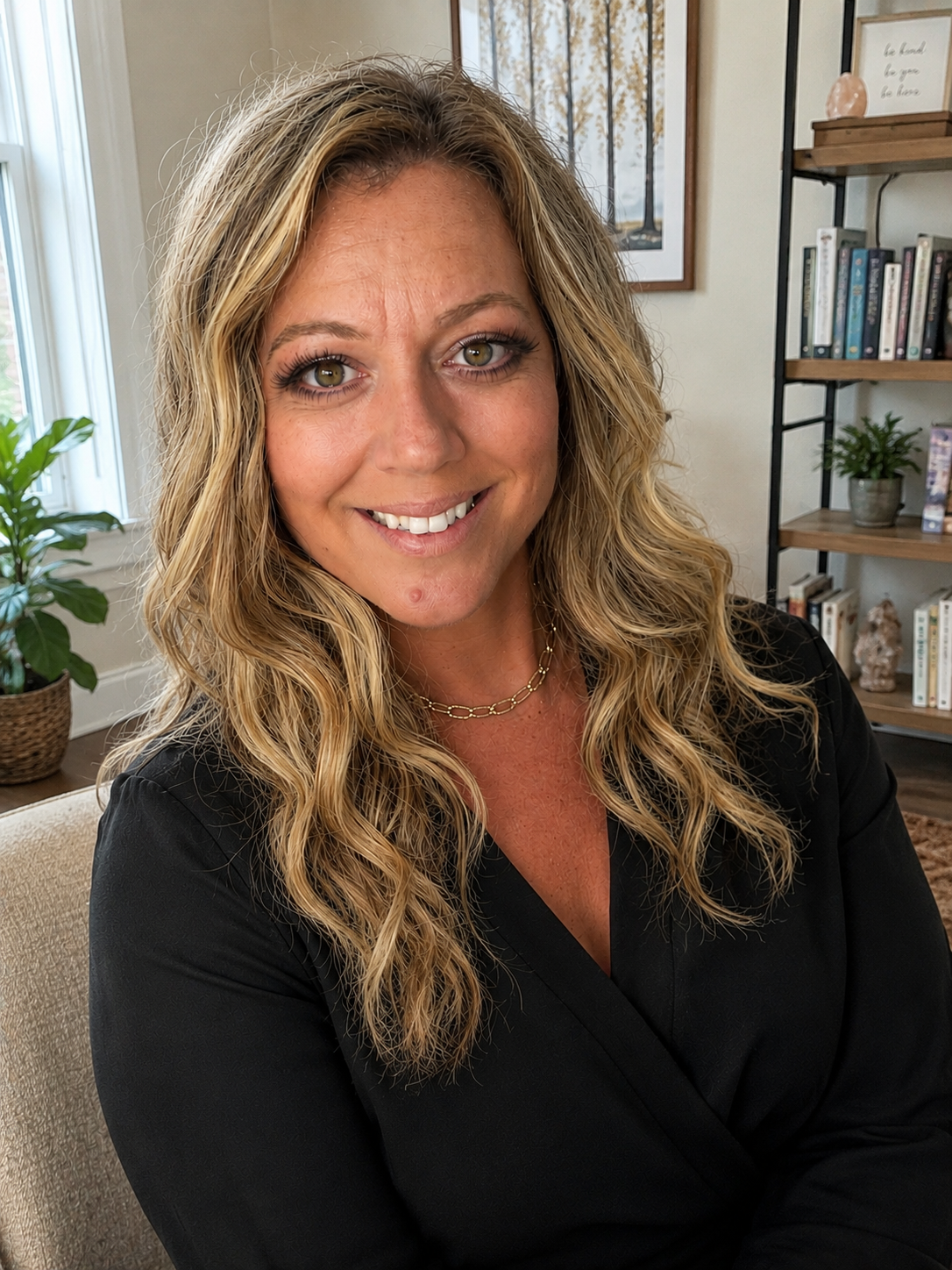 A smiling woman with wavy blonde hair and green eyes, wearing a black top and a gold chain necklace, sitting in a room with a window, a bookshelf, and framed artwork in the background.