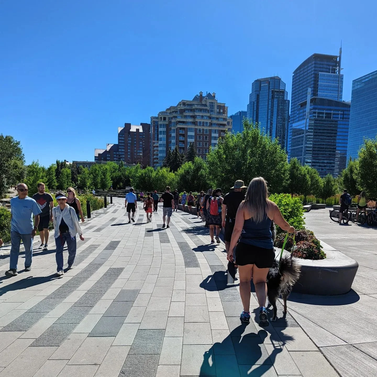 People walking on a city park pathway with tall buildings in the background on a sunny day.