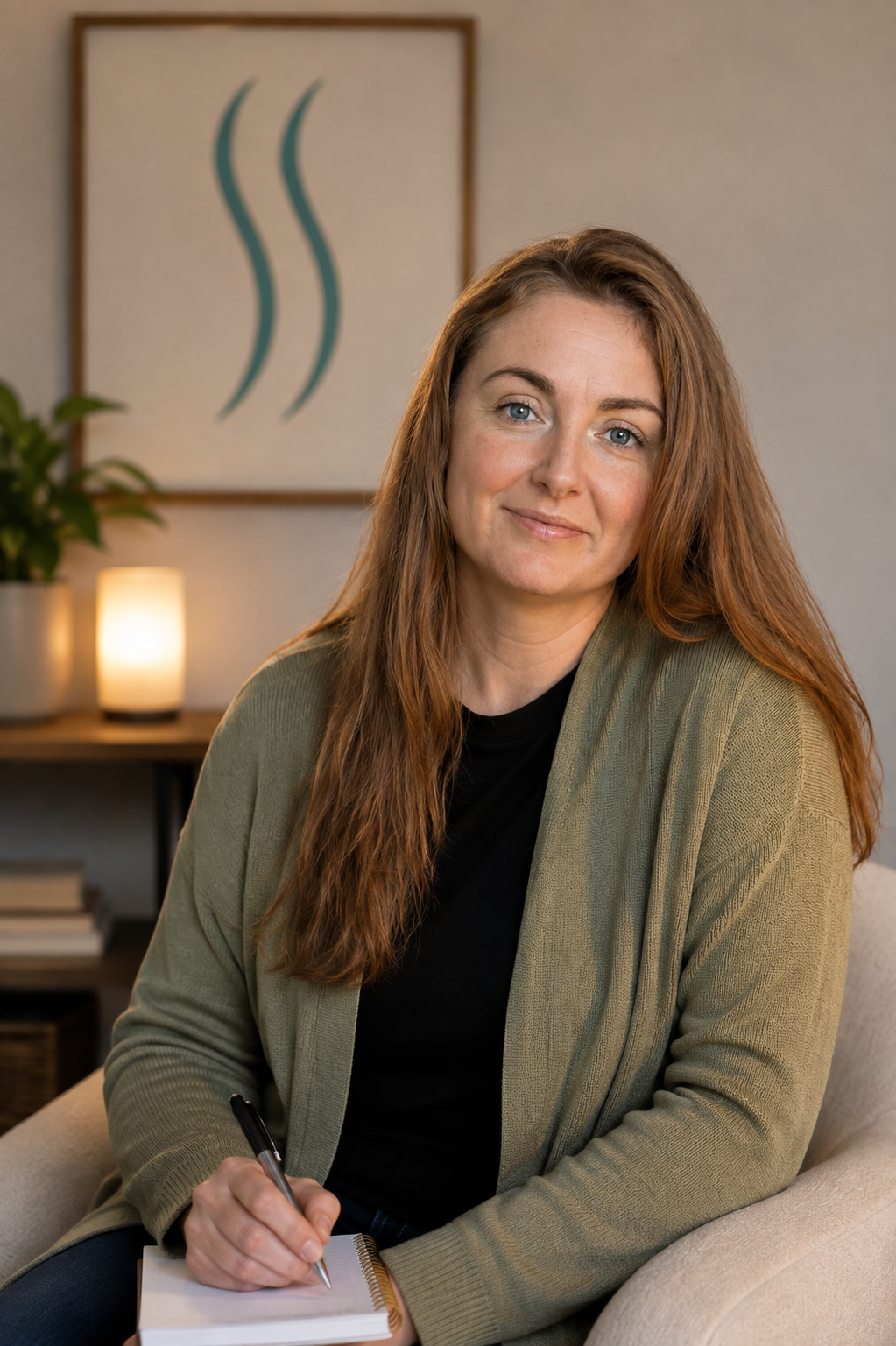 A woman with long red hair and blue eyes sitting on a beige armchair, holding a pen and notepad, smiling softly, in a cozy room with warm lighting and a modern abstract artwork featuring three wavy blue lines on the wall behind her.