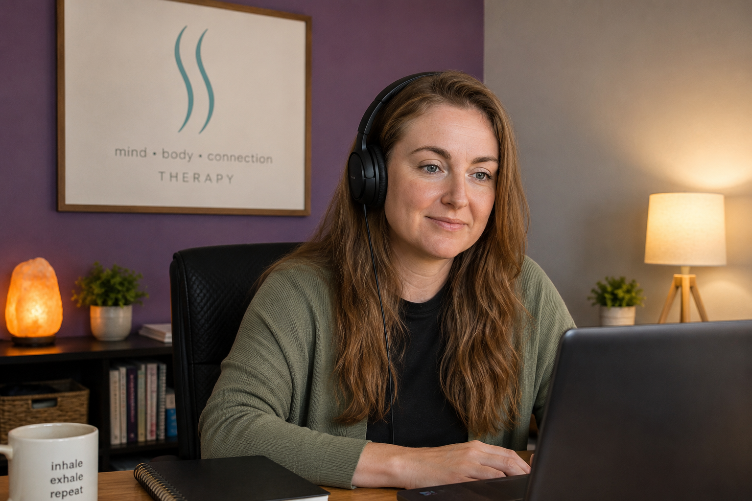 A woman with long reddish-brown hair wearing headphones, sitting at a desk with a laptop, in a room with purple and gray walls, and a framed sign on the wall that reads 'mind · body · connection THERAPY'. There is a lamp, salt lamp, and small plants on the shelves behind her, and a mug with the words 'inhale exhale repeat' on the desk.