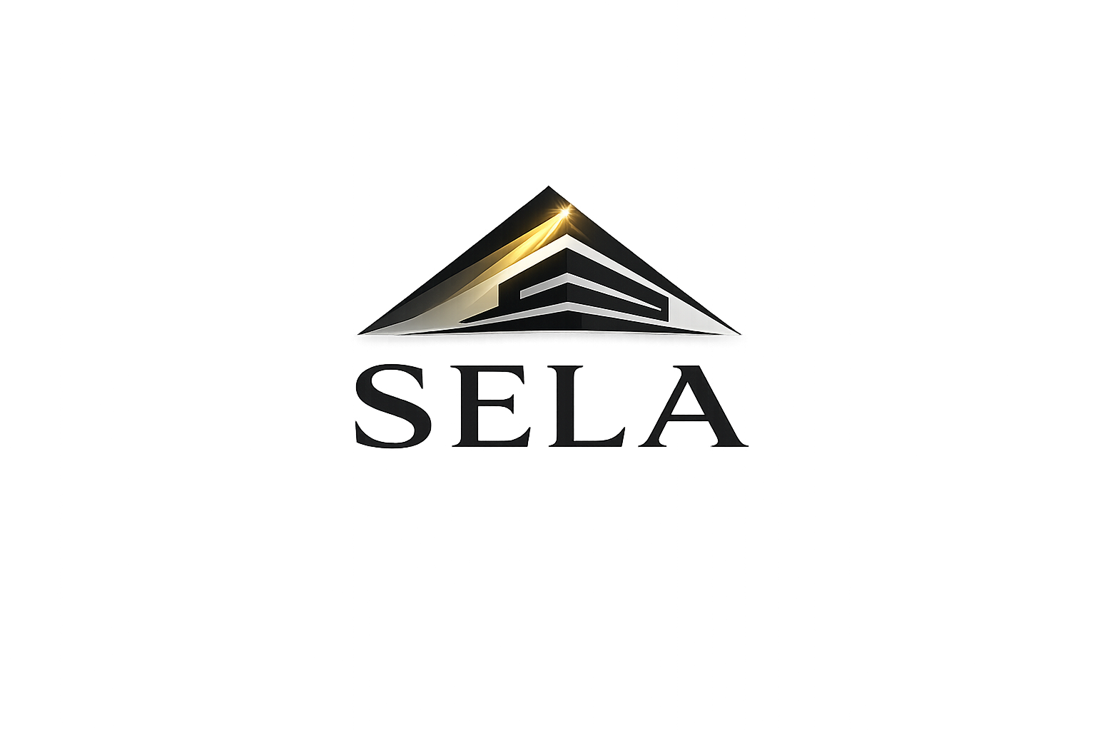 Logotipo de SELA con un edificio triangular en color negro, blanco y dorado, y la palabra 'SELA' en letras negras debajo.