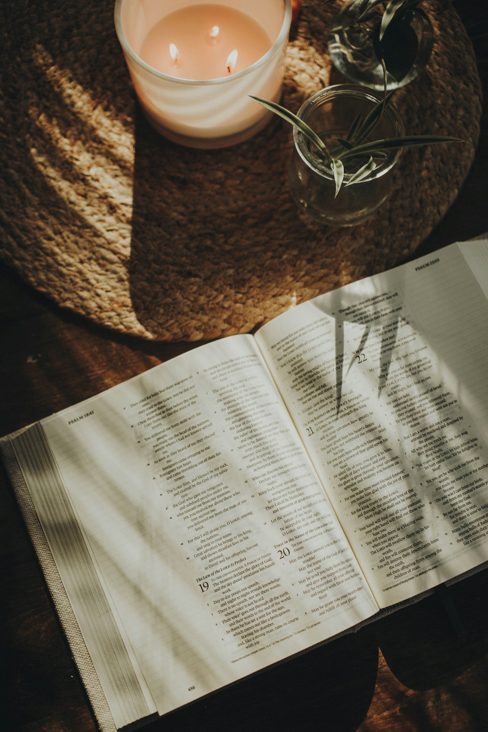 Open Bible resting on a dark wooden table, illuminated by sunlight. A lit candle in a white candle holder and two vases with green leaves are nearby. An open page of the Bible is visible.