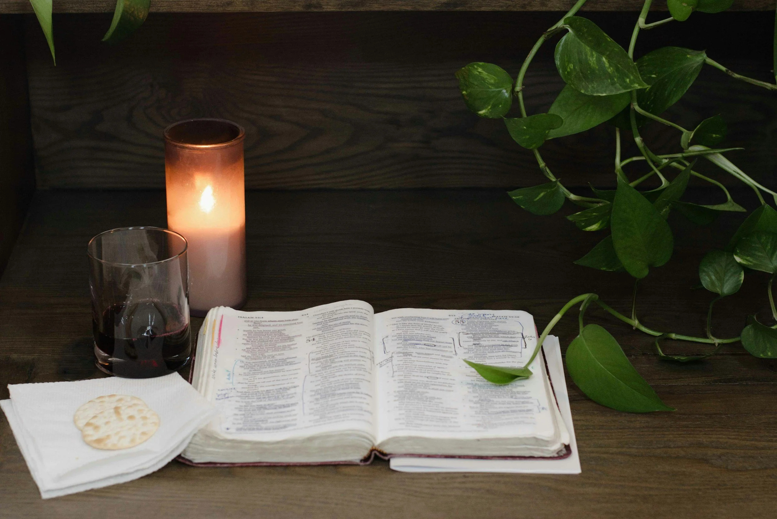 An open book with handwritten notes on a table, with a glass of red wine, a candle, crackers, and green plant leaves in the background, creating a cozy and inviting atmosphere.