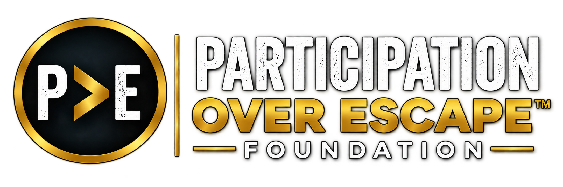 Logo for Participation Over Escape Foundation featuring a black circle with a gold outline and a play button symbol inside, with the words "Participation Over Escape Foundation" in white, gray, and gold text.