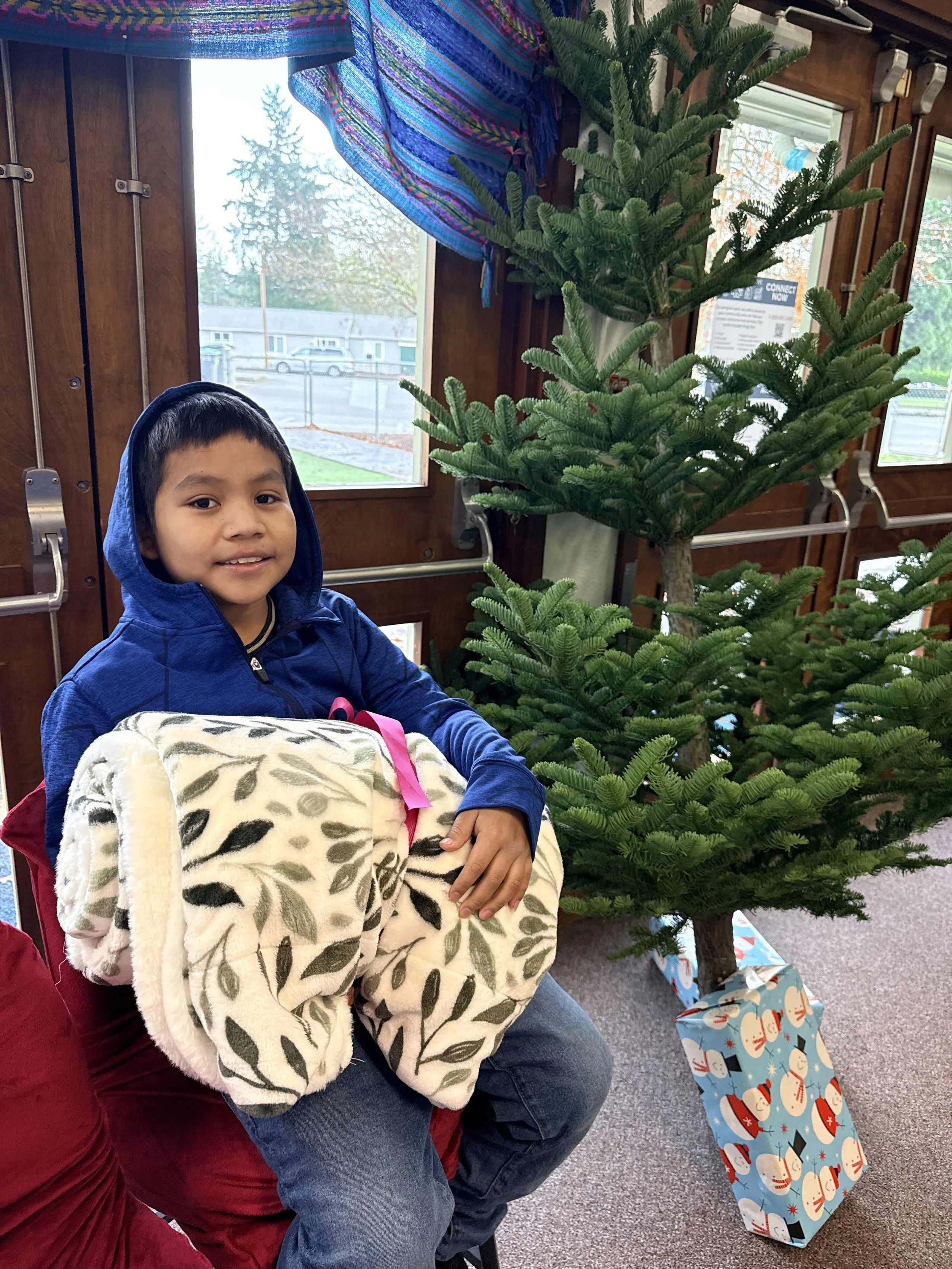 A young boy with short dark hair and a blue hoodie sits on a red armchair, holding a beige blanket with a black and gray leaf pattern. Behind him is a small decorated Christmas tree, a window with a view of trees and houses, and Christmas presents wrapped in festive wrapping paper.