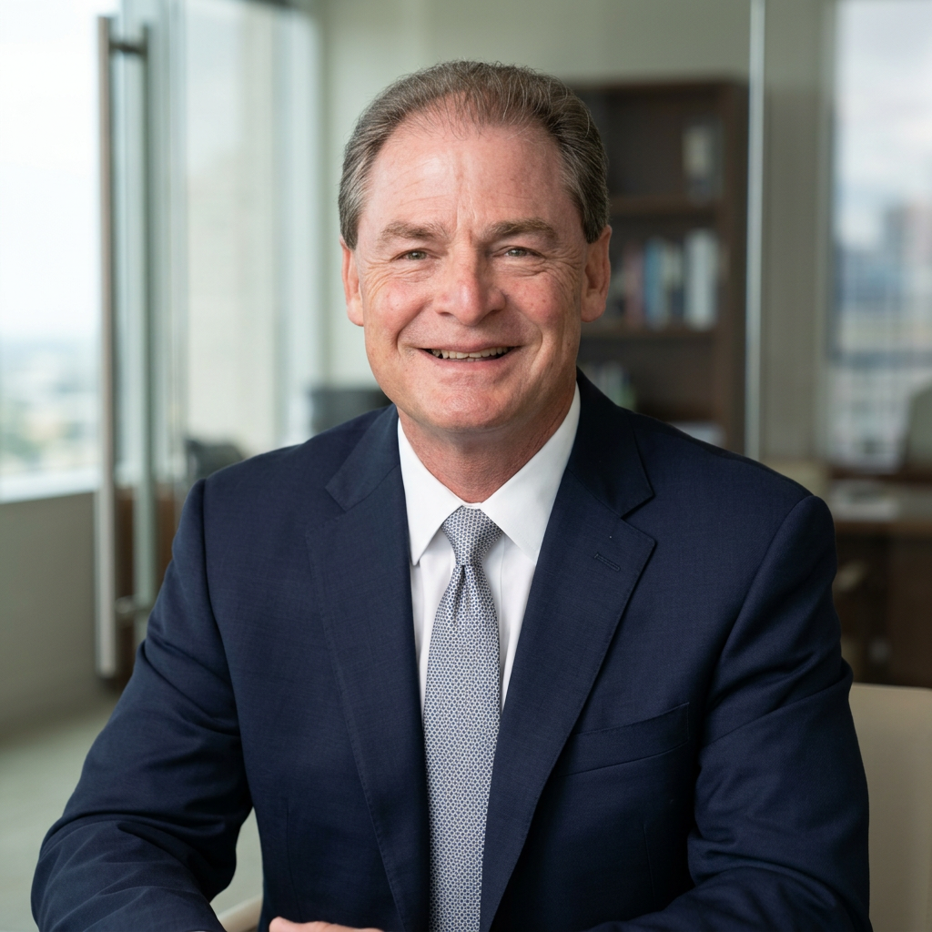 A smiling middle-aged man in a navy blue suit and light-colored tie, sitting in a modern office with large windows and bookshelves in the background.