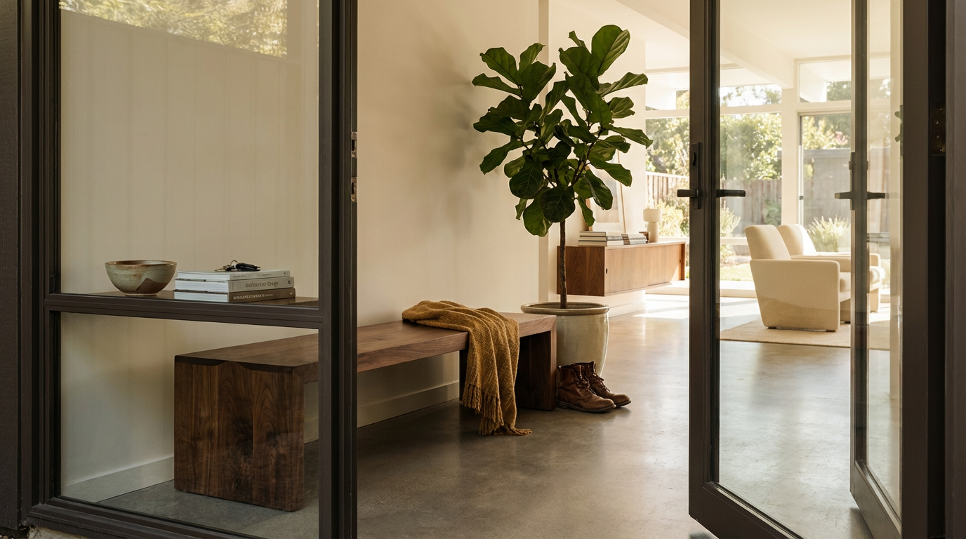View through glass doors into a modern living space with a wooden bench, a yellow throw blanket, brown shoes, a potted plant, and a sideboard with books and a lamp, with additional seating and large windows allowing sunlight.