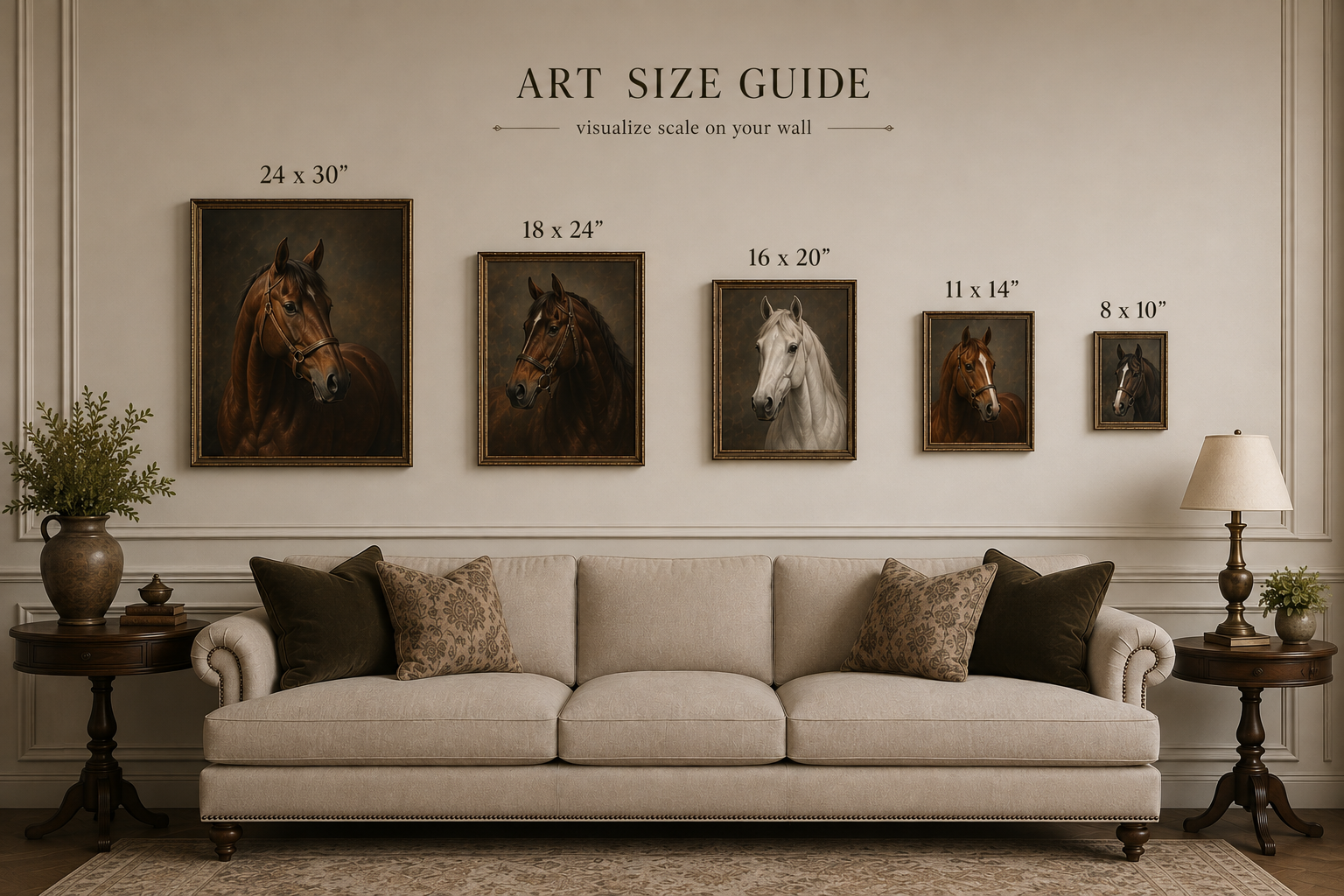 Living room with art size guide wall showing five horse portraits in varying sizes above a beige sofa with pillows. Two dark wood side tables with lamps and potted plants.