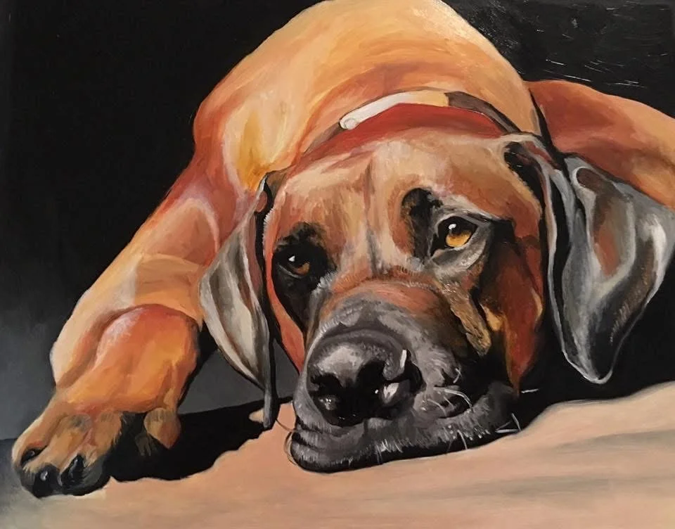 Painting of a brown and black dog lying down with its head resting on the surface, facing forward.