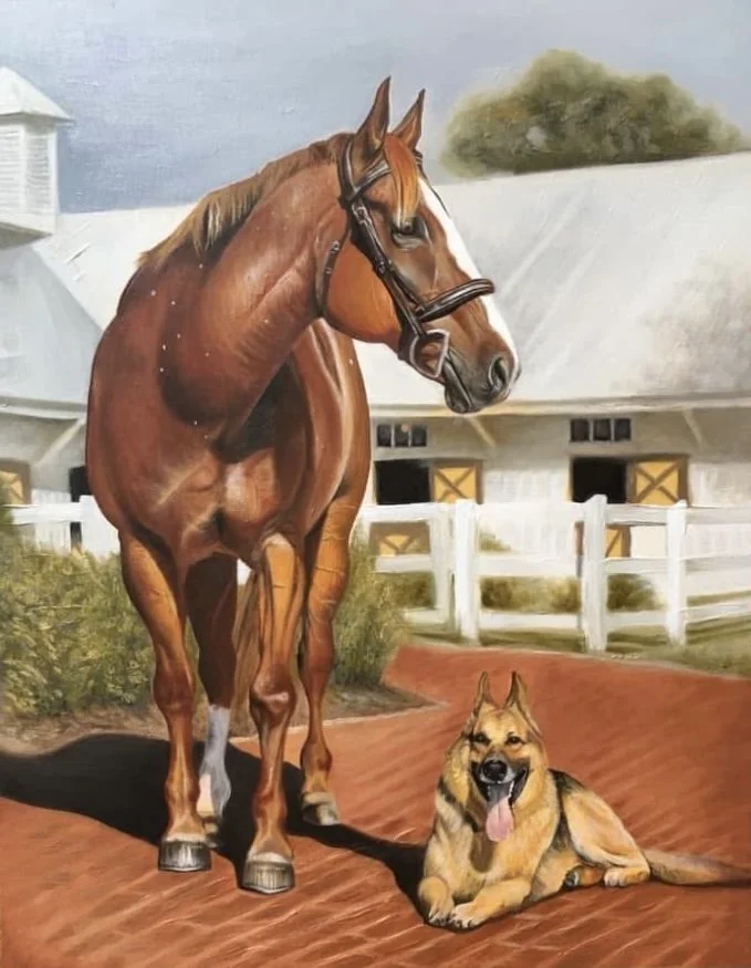 A painting of a large brown horse with a white stripe on its face standing on a dirt path with a dog lying nearby, with a white fence and barn in the background.