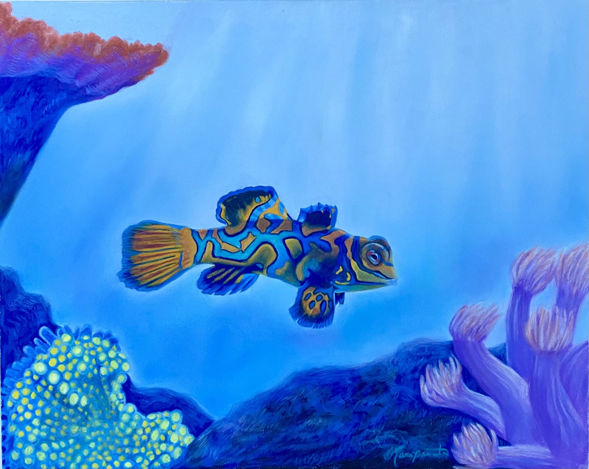 A colorful abstract painting with marine life, featuring a brightly colored fish with orange, yellow, and black stripes swimming near blue coral and yellow-green bubble-like formations against a blue background.