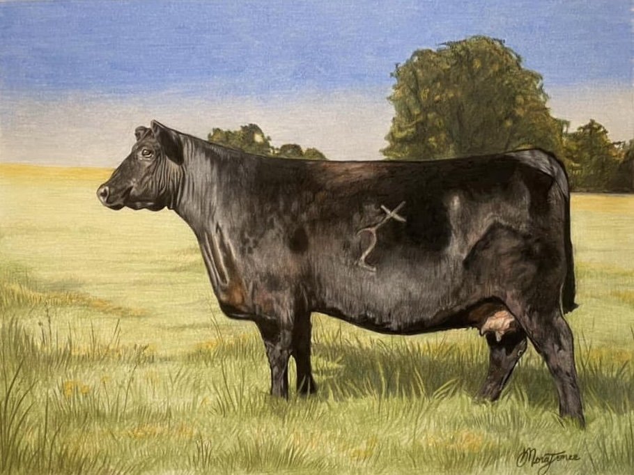 A surreal painting of a cow with the body of a black dog, standing in a grassy field with trees in the background, and a blue sky.