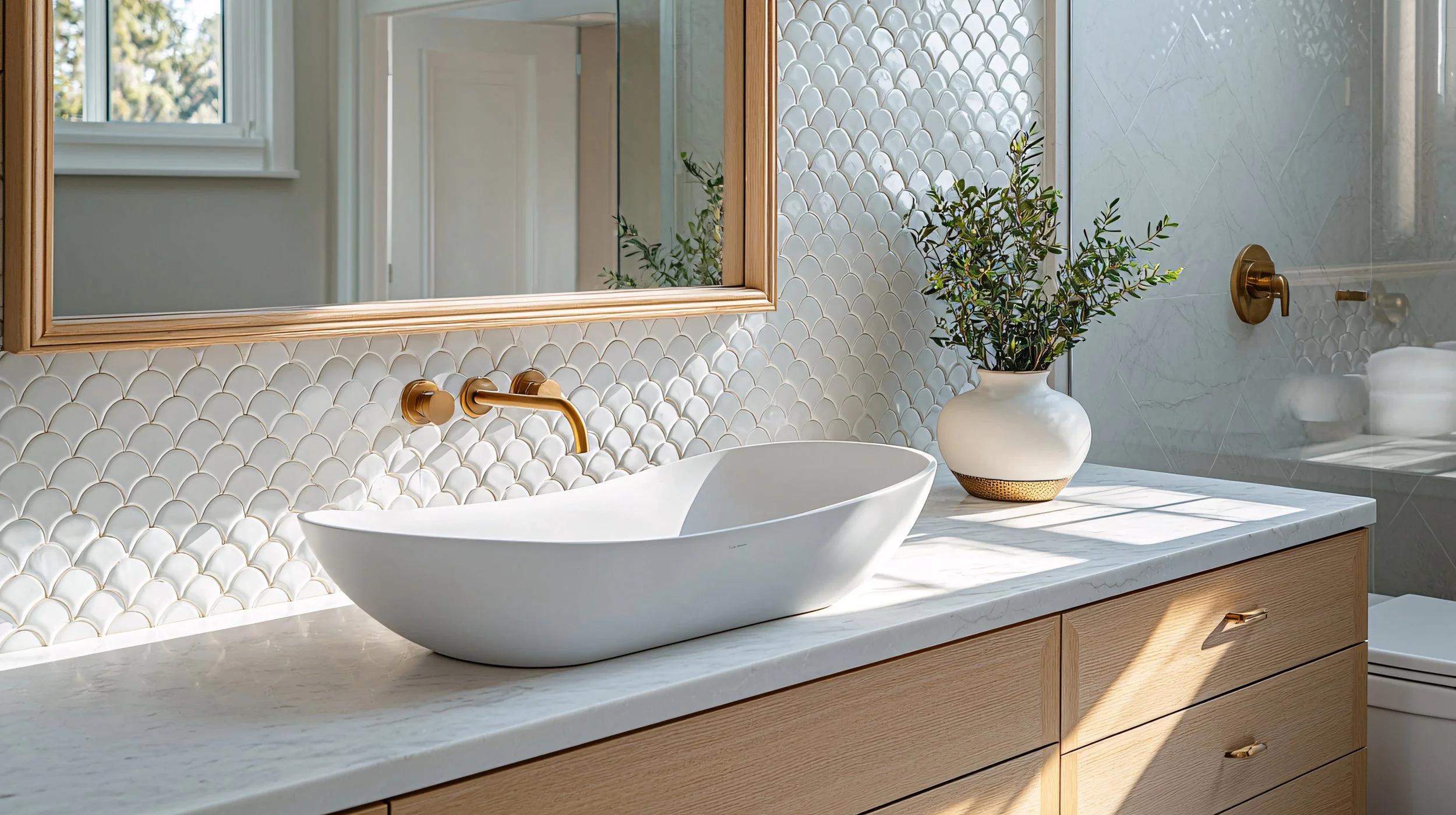 A bathroom vanity with a white marble countertop, a modern white vessel sink, and a wall-mounted gold faucet. A wooden framed mirror is above the sink, and there's a white vase with green foliage on the counter. The background includes a window and a tiled wall with scallop-shaped white tiles.