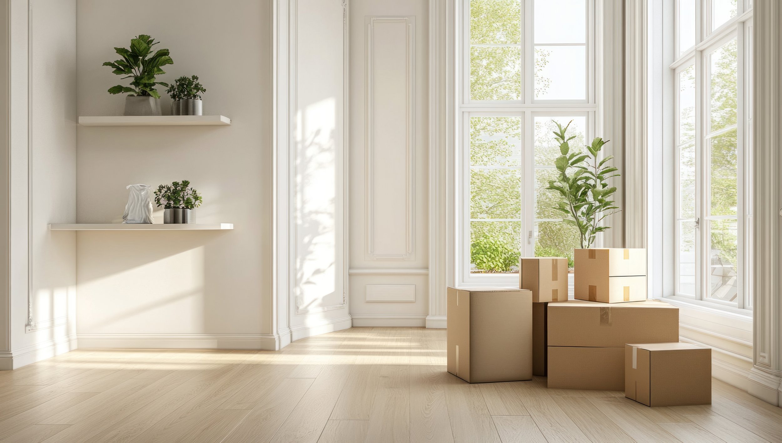 Sunlit room with large windows, potted plants, and moving boxes.
