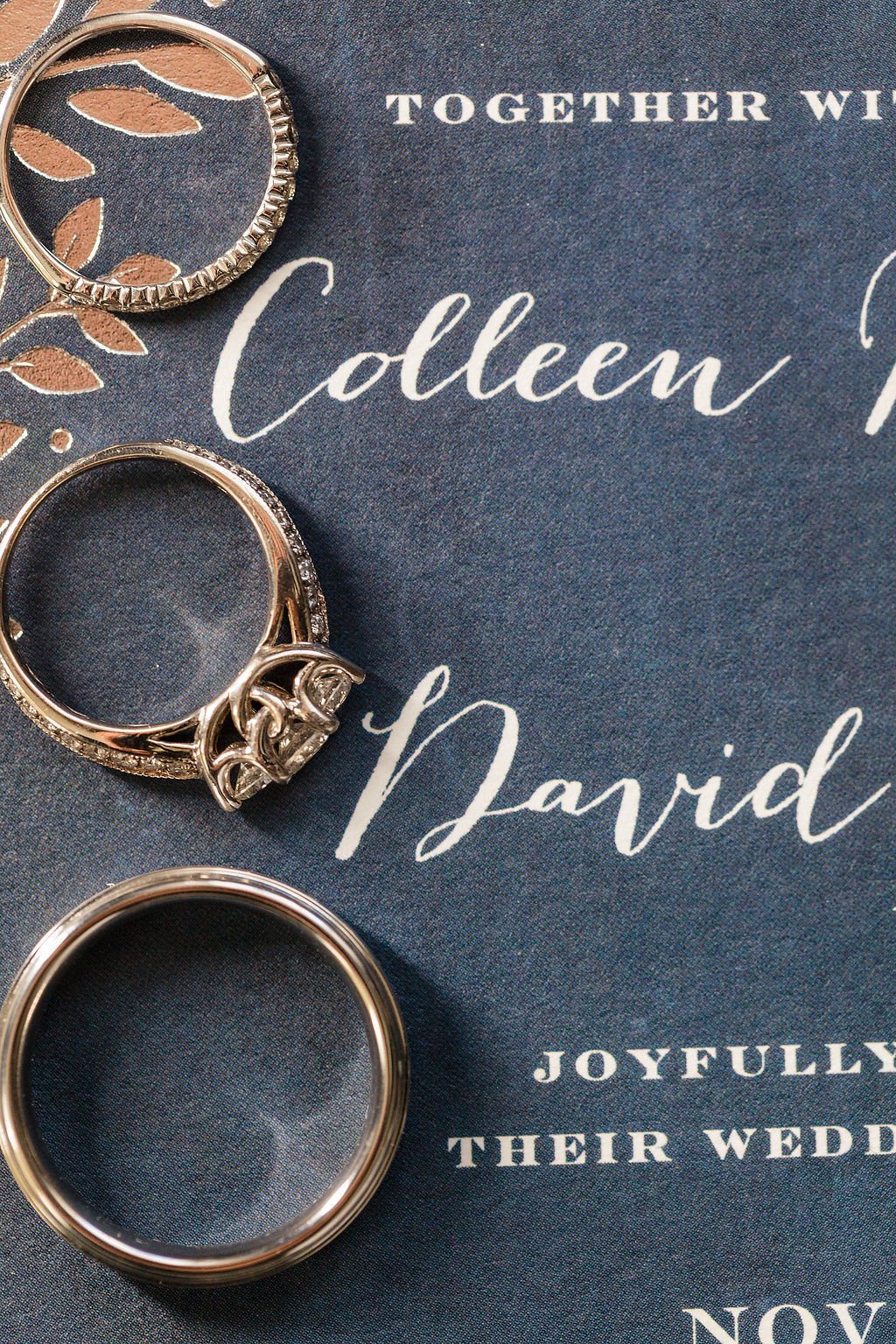 Wedding rings arranged on a personalized wedding invitation.