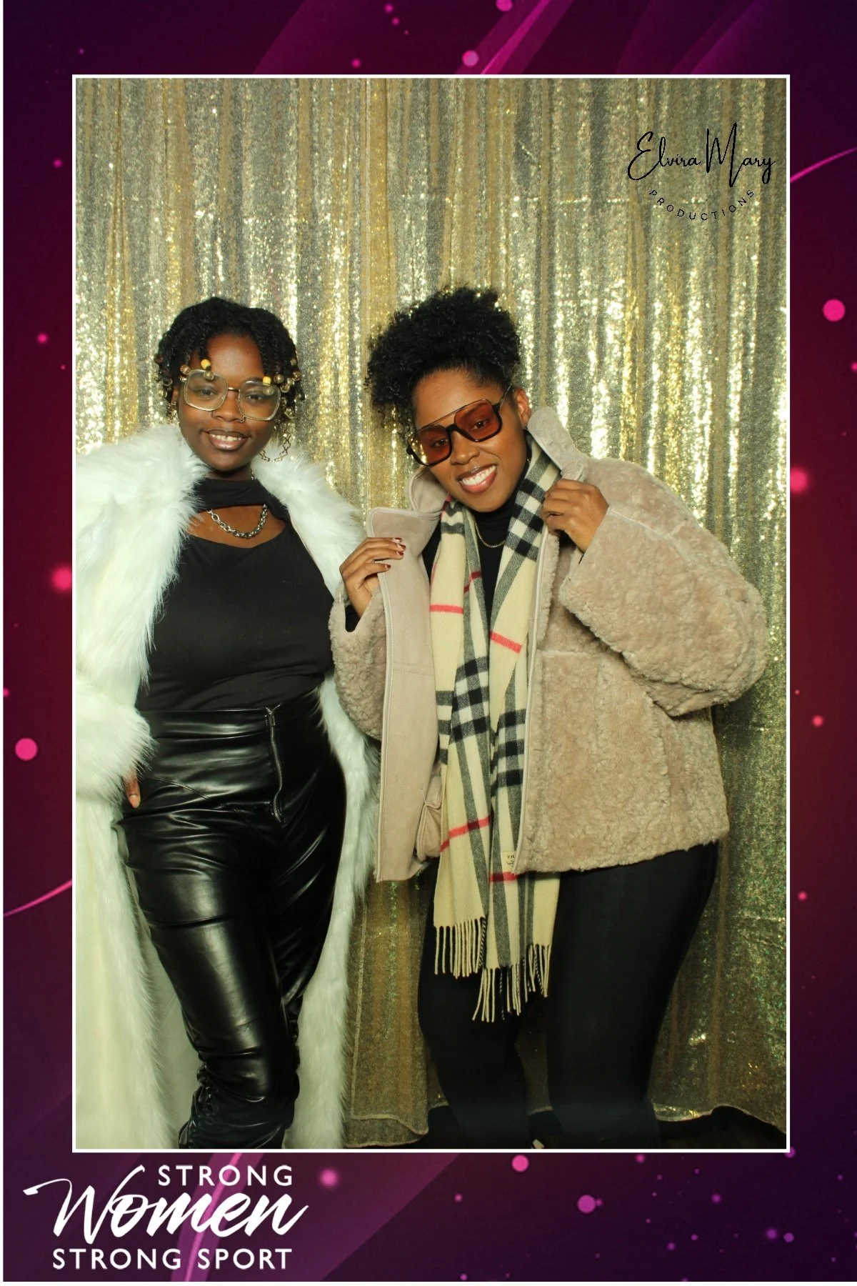 Two women posing together with glasses and fashion accessories at a Strong Women Strong Sport event.
