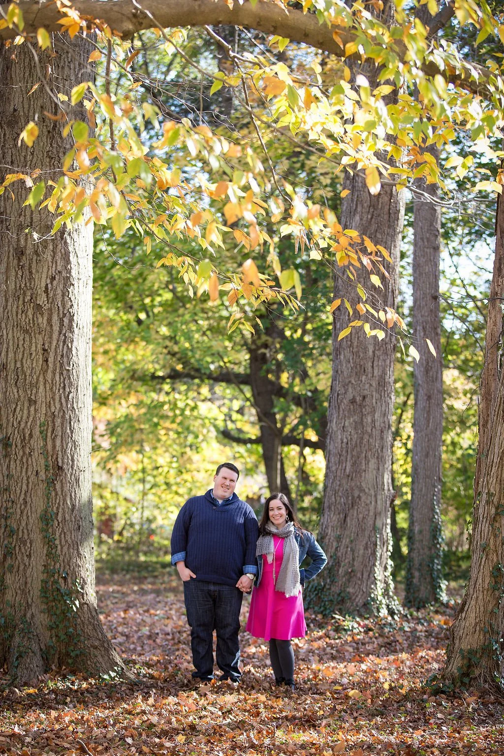 Couple holding hands while standing among tall trees and autumn leaves.