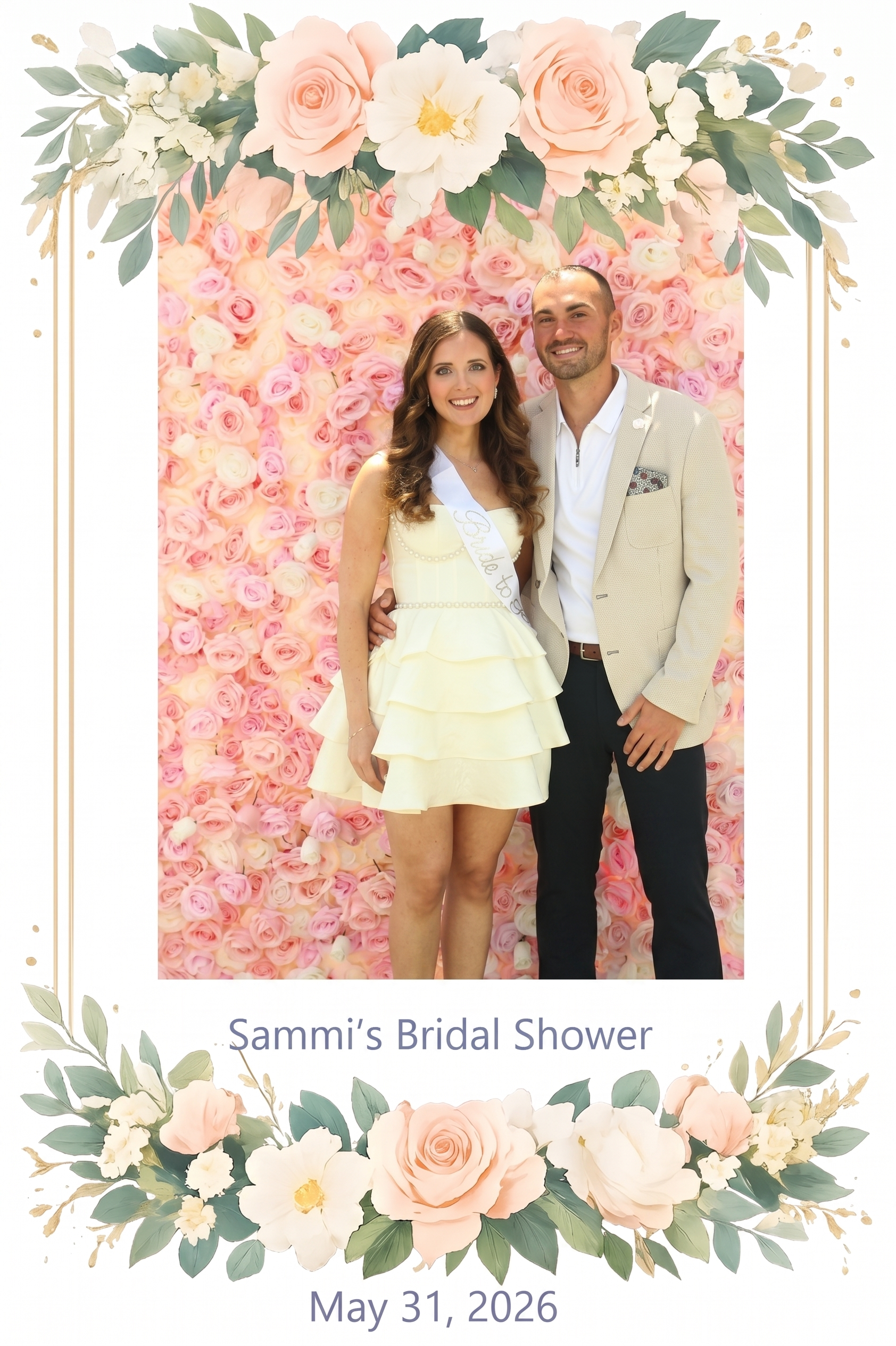 Couple posing together in front of a pink floral backdrop at Sammi’s bridal shower.