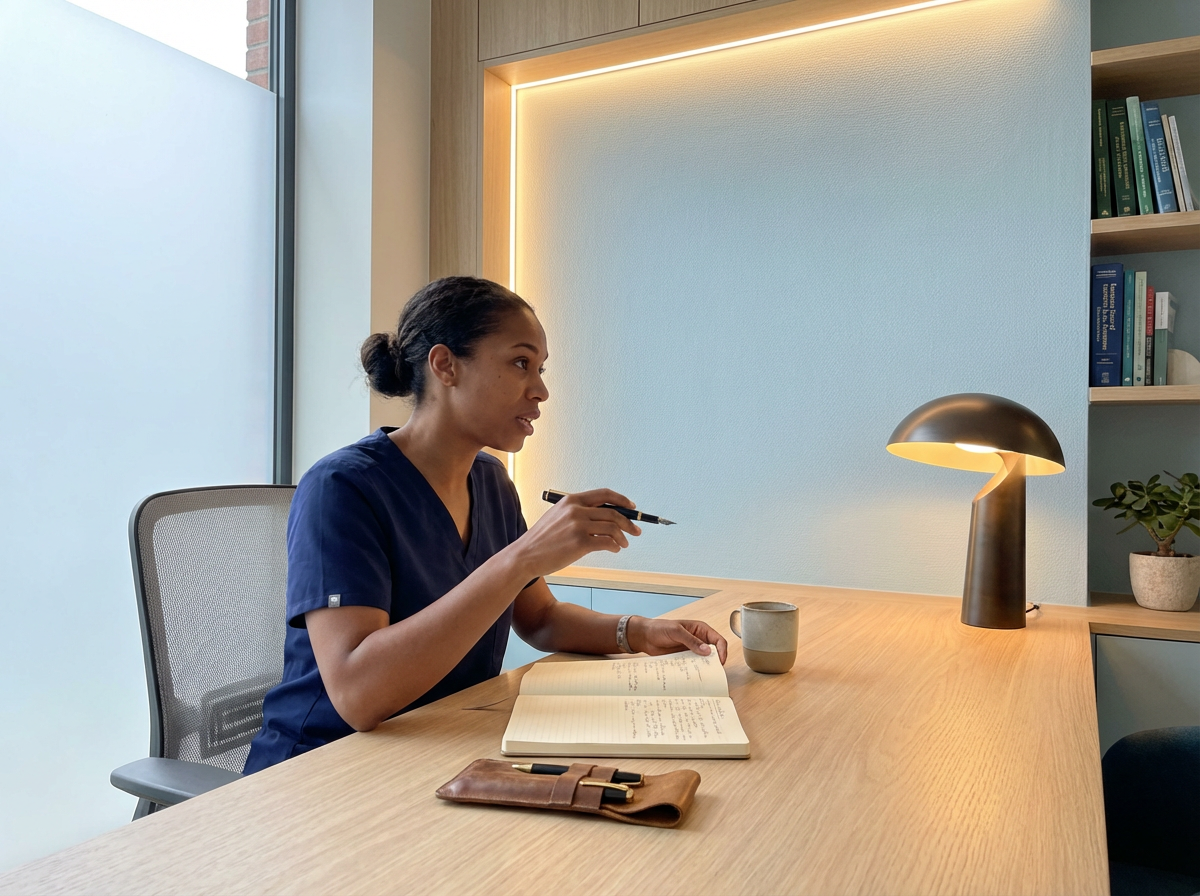 A woman in blue scrubs sitting at a wooden desk with open notebook, pen, coffee mug, and wallet, illuminated by a desk lamp in a modern office or study with a bookshelf and large window.