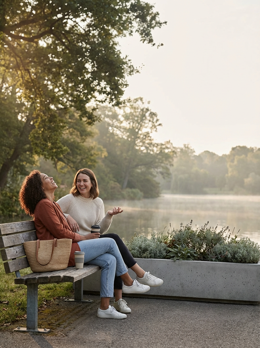 Two women sitting on a park bench near a river, enjoying a conversation and coffee on a sunny day, with trees and foliage in the background.