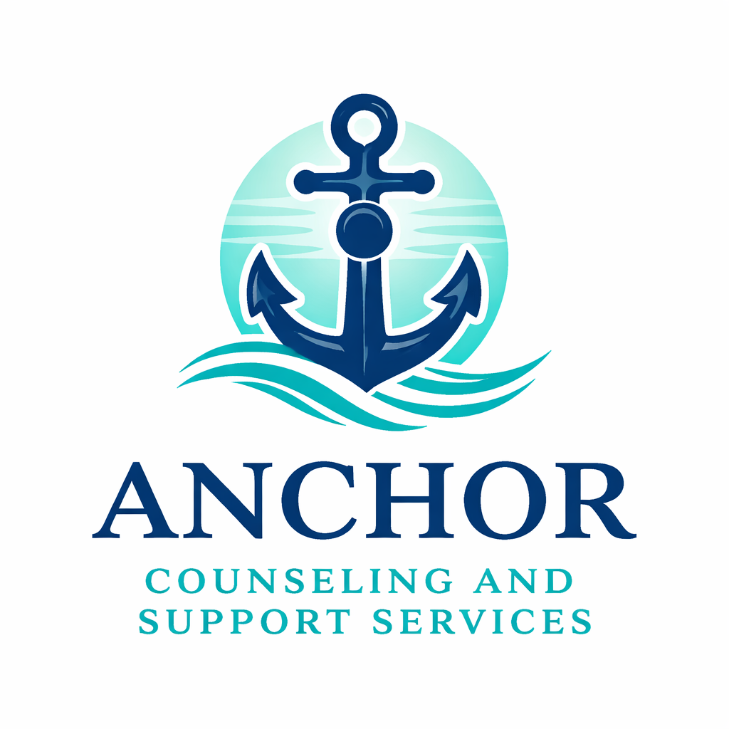 Logo for Anchor Counseling and Support Services featuring a navy blue anchor, water waves, and a light blue background circle.