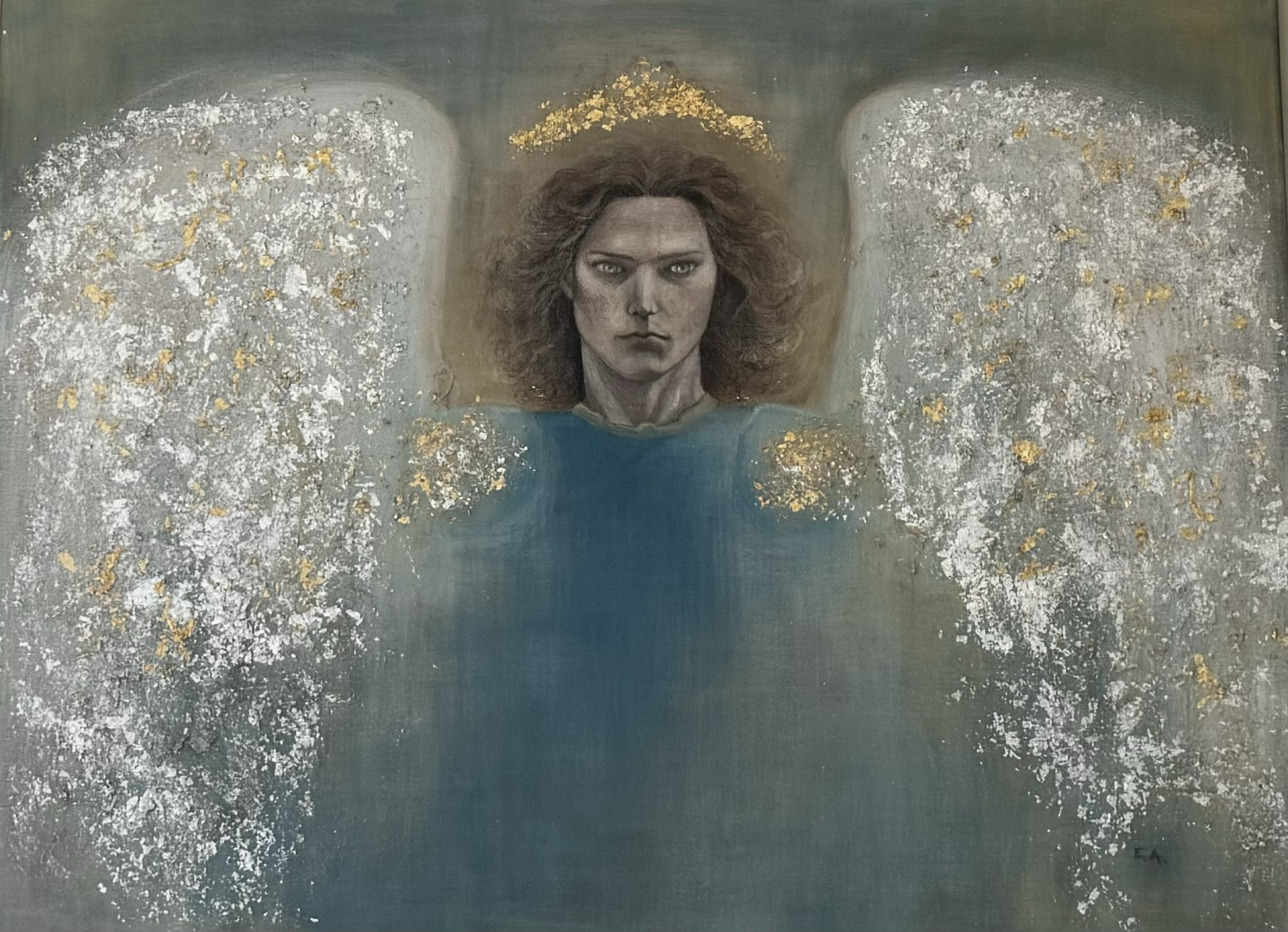 A painting of a woman with dark, curly hair and intense expression, surrounded by abstract silver, gold, and white splashes, with a blue background and a gold halo above her head.