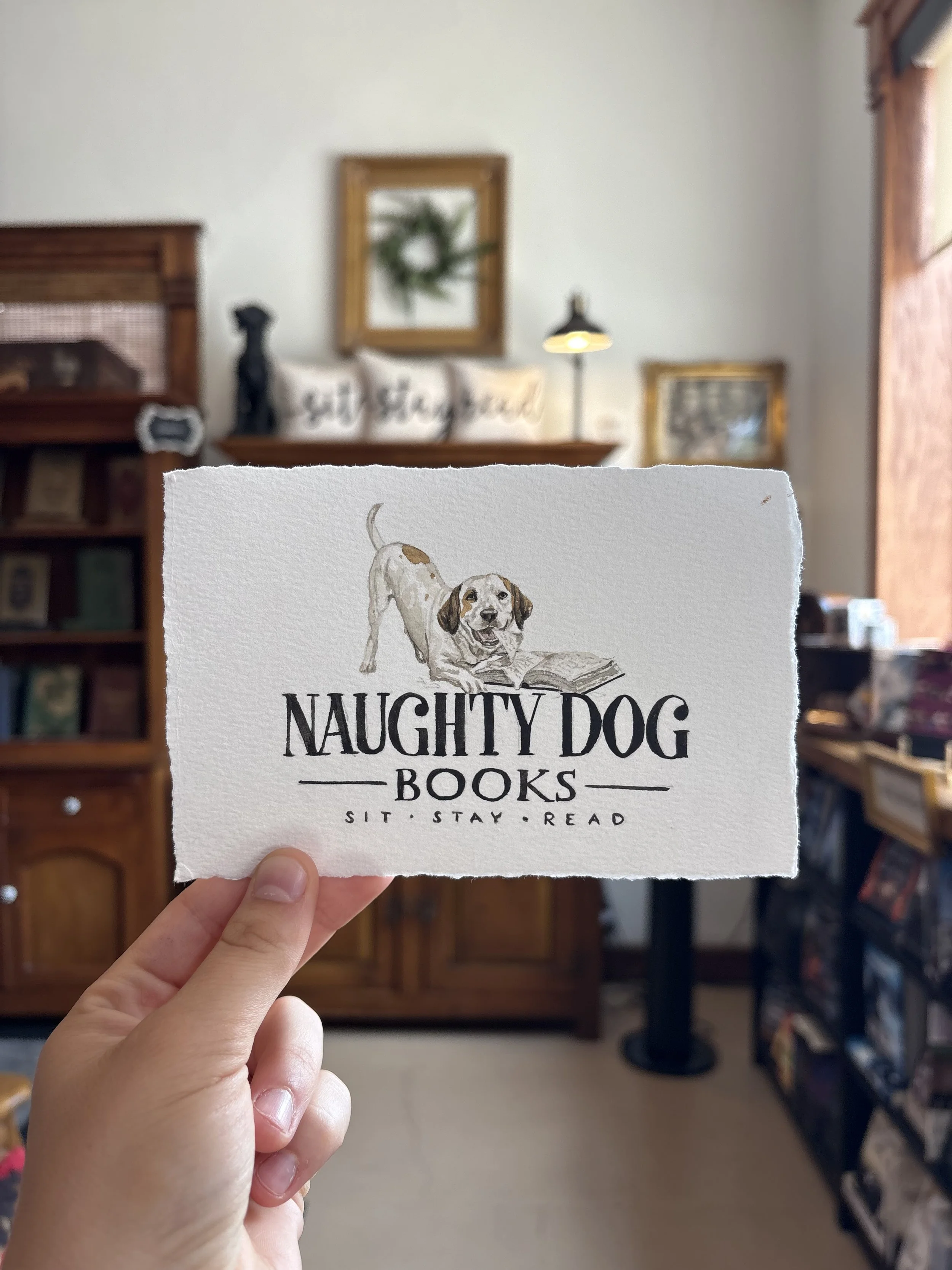 Close-up of a hand holding a book titled 'Naughty Dog Books' with the subtitle 'Sit Stay Read' in a bookstore or library, with shelves of books in the background.