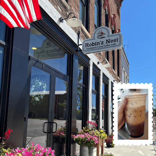 Exterior view of Robin'z Nest coffee shop with flower planters and an American flag, and a close-up of an iced coffee drink.