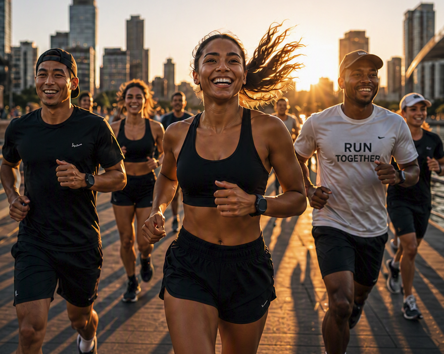 A group of diverse runners jogging in an urban park during sunset, smiling and enjoying the workout, with city skyscrapers in the background.